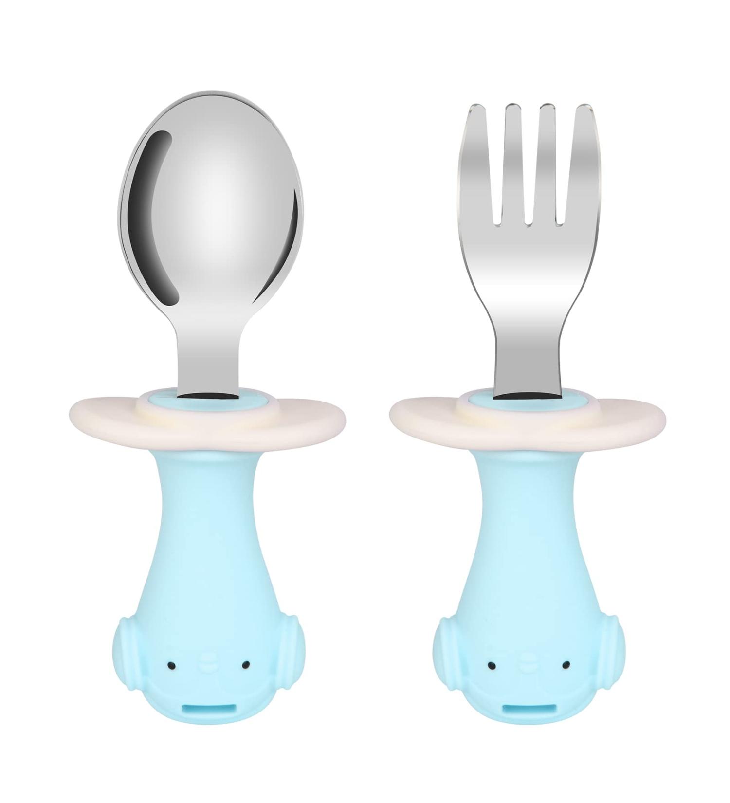 Vicloon Baby Fork and Spoon Set - 2Pcs Infant Training Utensils for Baby Led Weaning - Silicone Stainless Steel Short Handle Tableware for Kids - Penguins - Buy Online on GoSupps.com