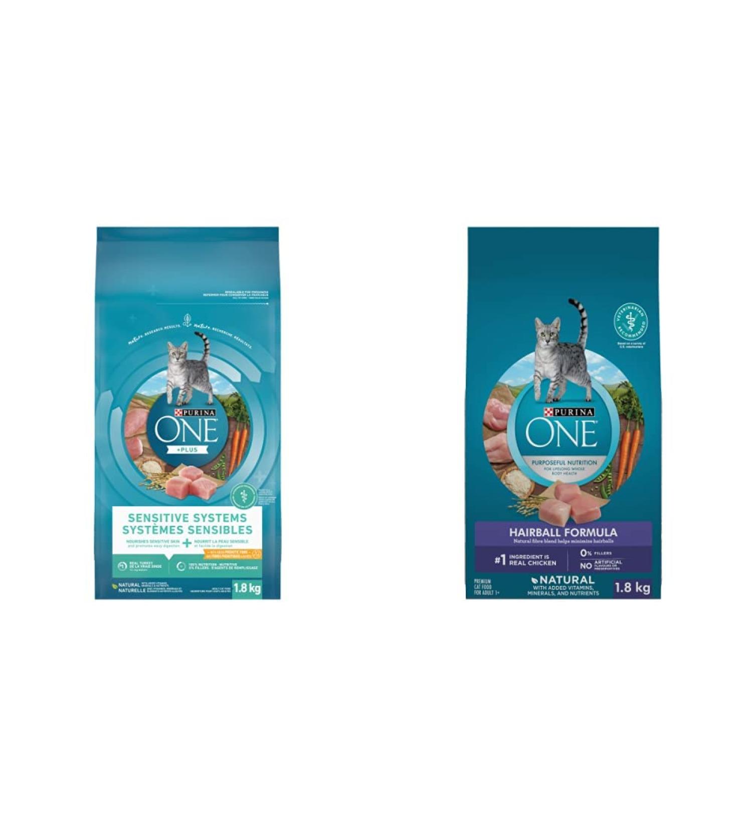 Purina ONE Dry Cat Food | Sensitive Systems 1.8 kg + Hairball Formula 1.8 kg Cat Food + Cat Food Hairball Formula - Buy Online on GoSupps.com