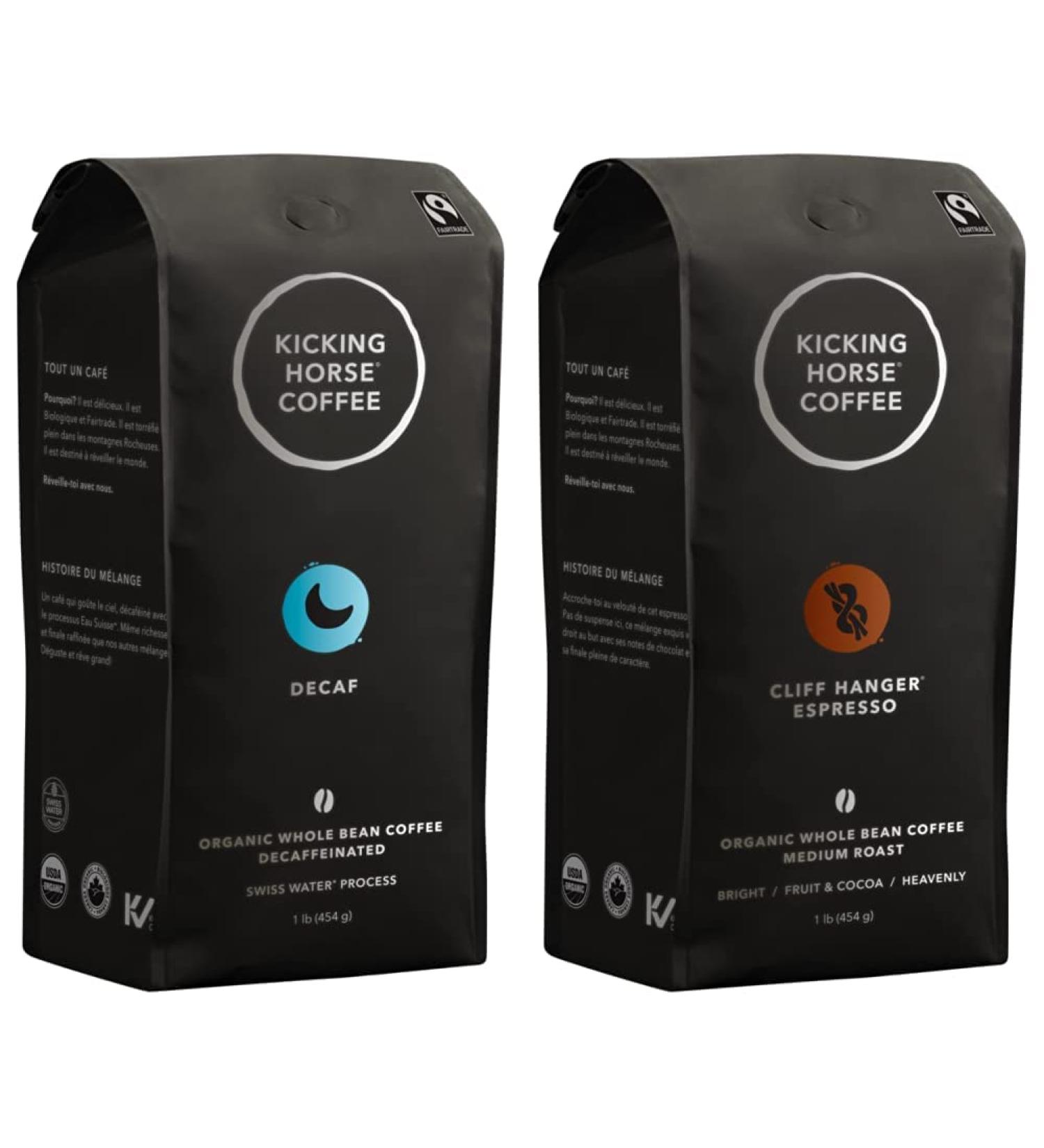 Kicking Horse Coffee Decaf Swiss Water Process Dark Roast Whole Bean 1 lb - Certified Organic Fairtrade Kosher Coffee & Kicking Horse Coffee Cliff Hanger Espresso Medium Roast Whole Bean
