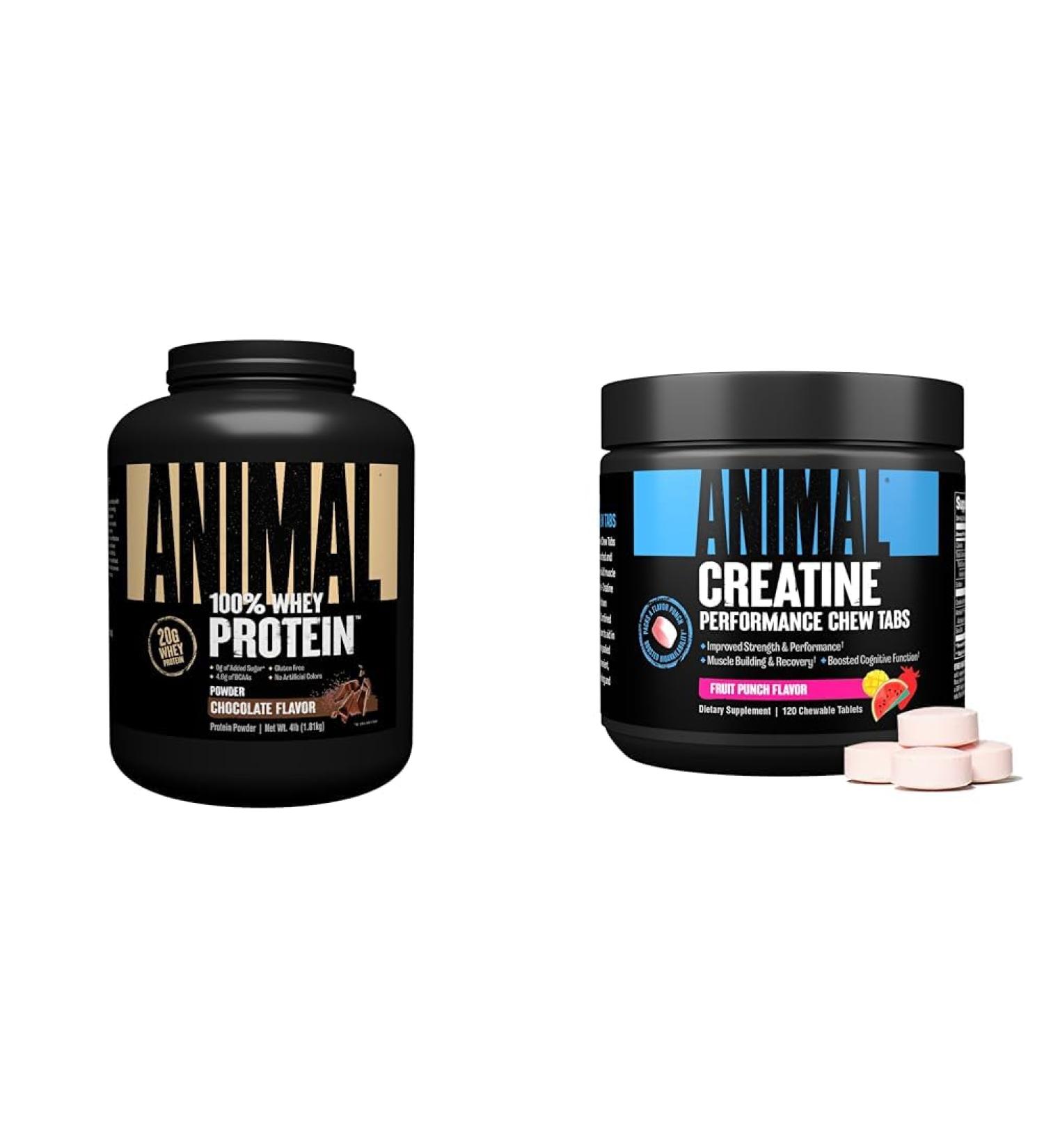 Animal Whey Protein Powder and Creatine Chews Tablets Bundle - Chocolate Flavored 4 lb Protein and Fruit Punch Flavored Creatine for Pre/Post Workout - Buy Online on GoSupps.com