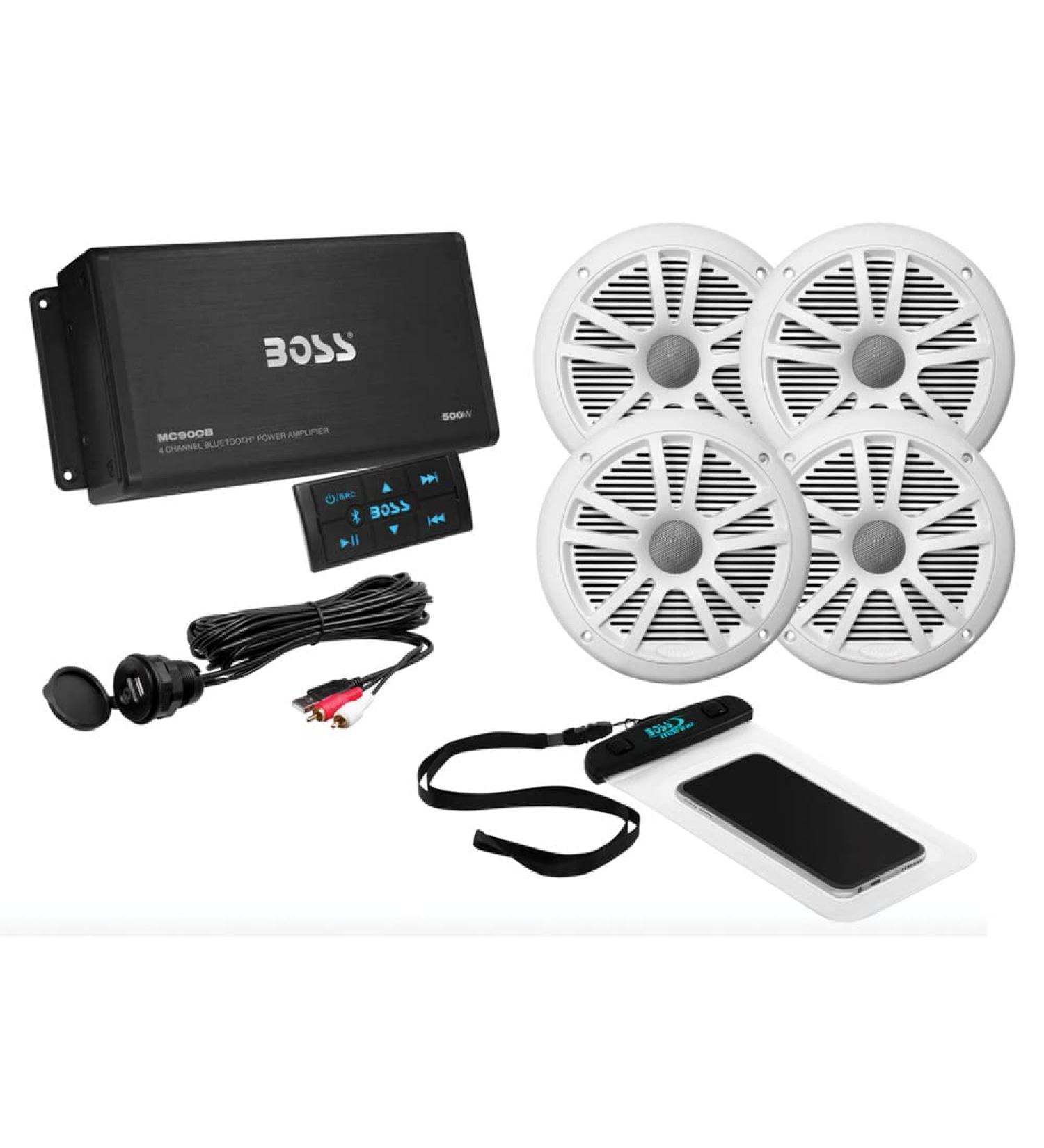 BOSS Audio Systems ASK904B.64 Marine Weatherproof Amplifier and Speaker Package - Full Range 500 Watt Amplifier With Bluetooth Remote, 6.5 Inch 180 Watt Full Range Speakers, No Receiver Needed, Black