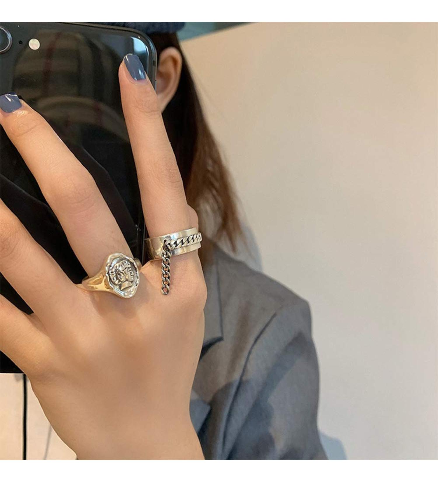 S925 Gothic Signet Knuckle Ring Set - 2Pcs Chain Tassel Midi Ring for Women & Girls - Carved Medallion Design - Buy Online on GoSupps.com