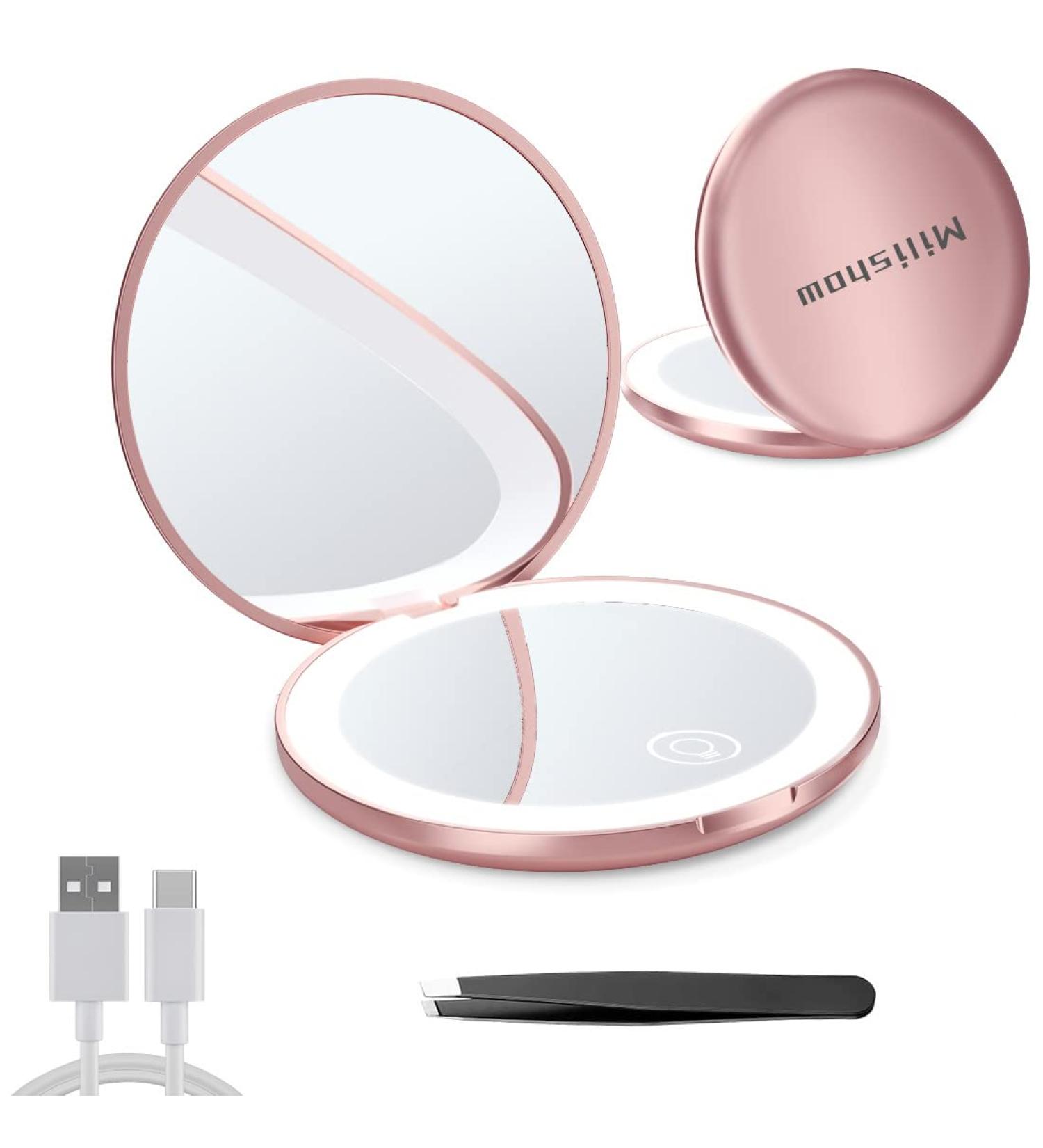 Milishow LED Compact Makeup Mirror - 1x10x Magnification, Dimmable, Rechargeable, Rose Gold - Perfect Travel & Purse Essential - Buy Online on GoSupps.com