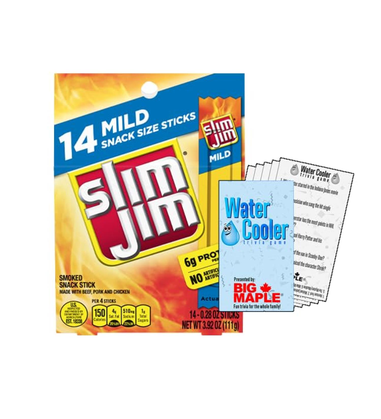 Slim Jim Snack Sized Mild Sausage Snacks (14 total sticks 8g per) with Water Cooler Trivia Game by BIG MAPLE to Enjoy While Snacking at Home School Office Friends Family - Buy Online on GoSupps.com
