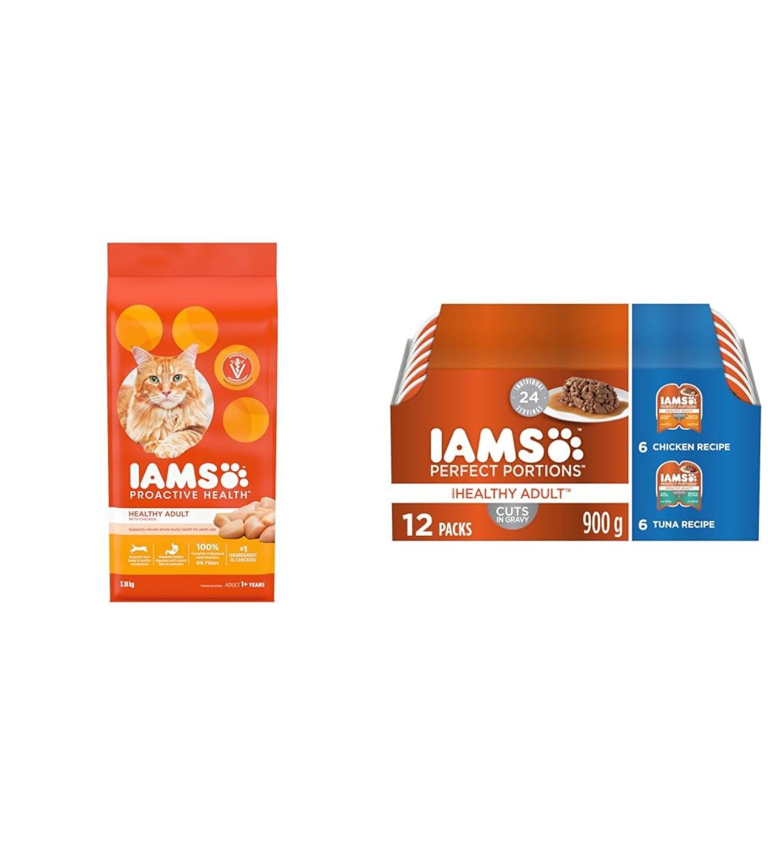 IAMS Proactive Health Healthy Adult Dry Cat Food with Chicken 3.18kg Bag & Perfect Portions Healthy Wet Cat Food Adult Grain Free Cuts in Gravy - Chicken and Tuna 12CT Multipack 75g Tray 3.18 kg (Pack of 1) Dry Cat Food + PET_FOOD 385854 - Buy Online on GoSupps.com