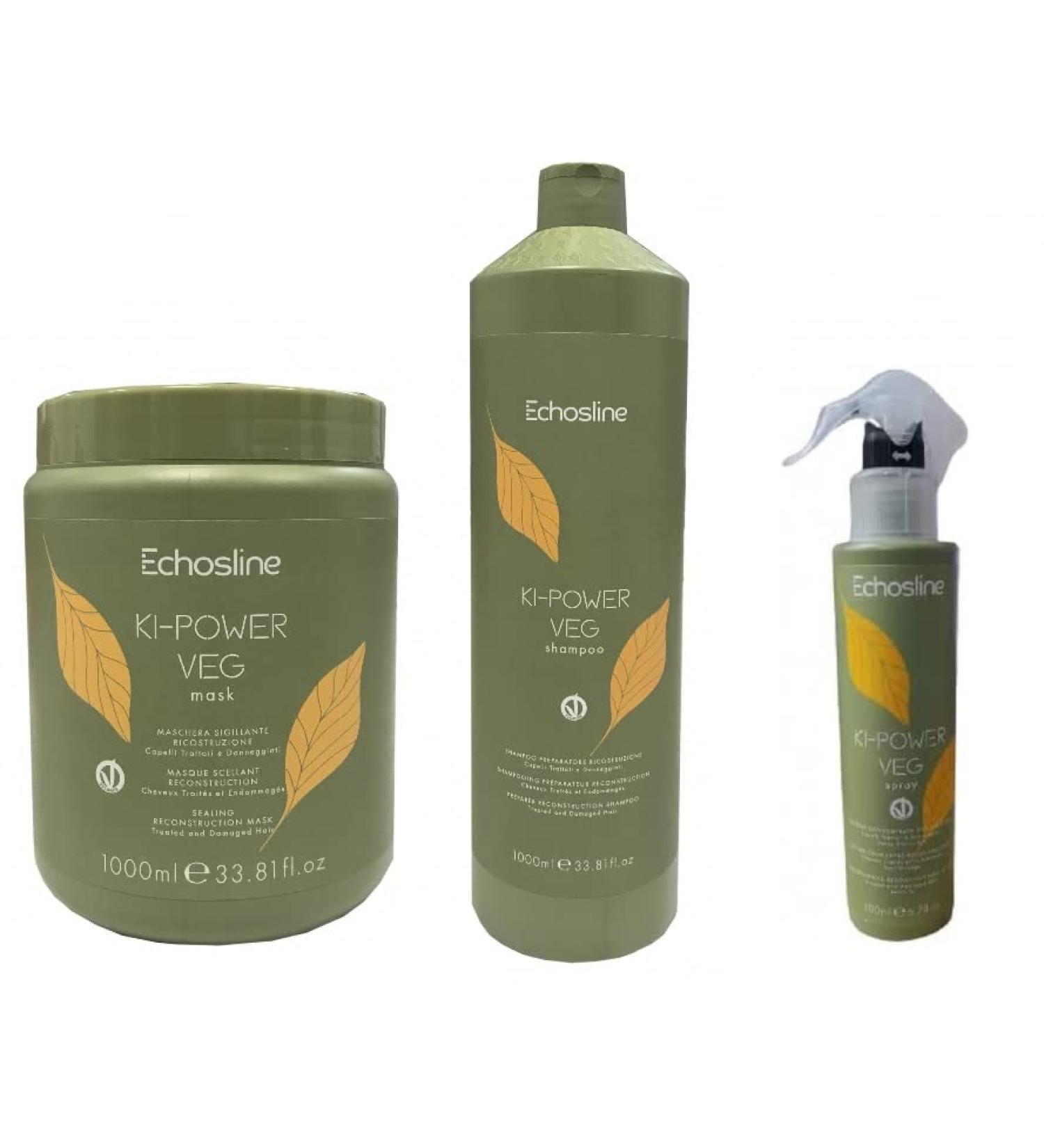 Echos Echos KI POWER VEG Hair Care Kit - Shampoo and Conditioner - Kiwi - Silicone-Free - Repair for Damaged Hair - 1000 ml shampoo + 200 ml conditioner + 1000 ml restorative cream