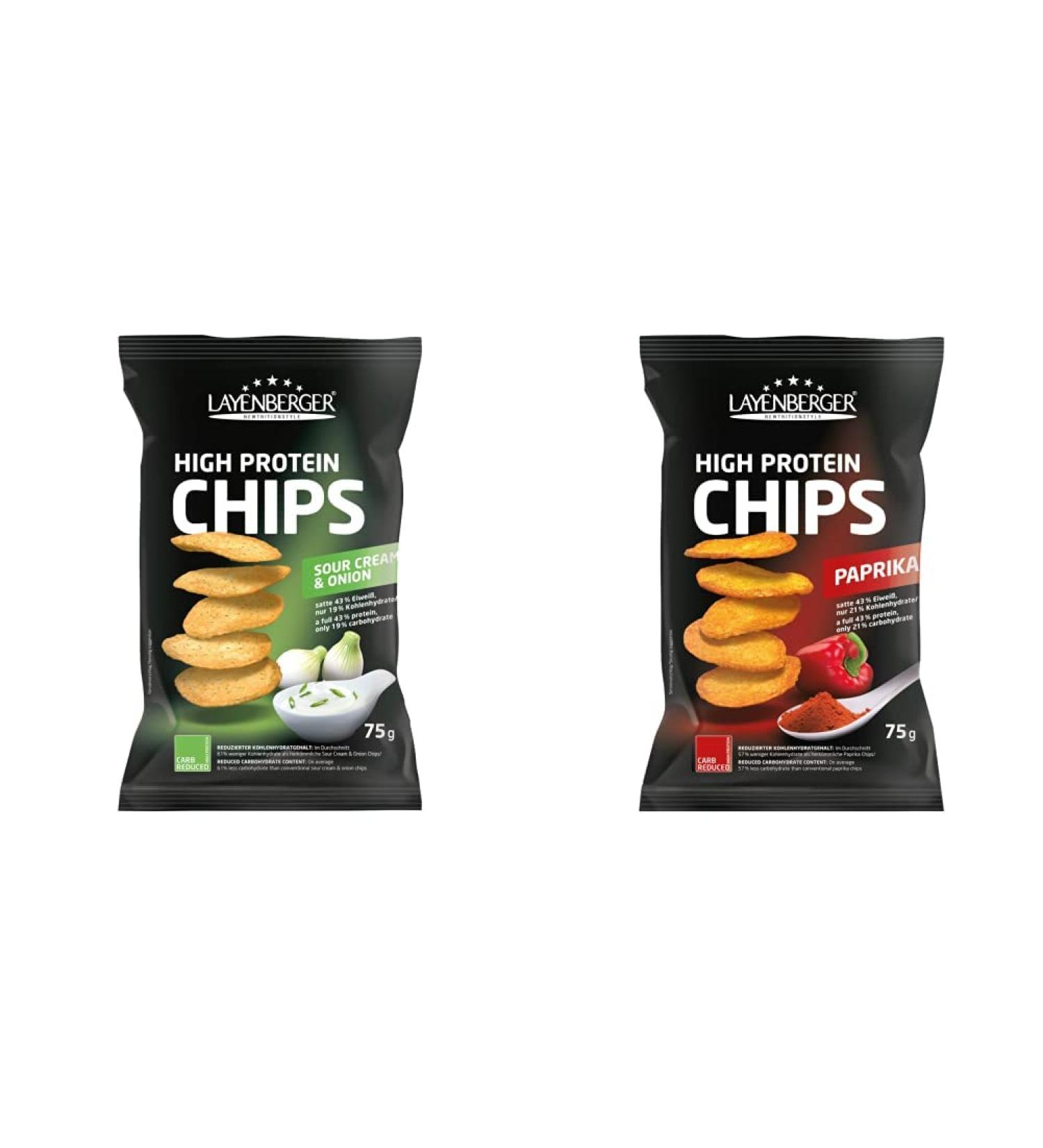 Buy Layenberger High Protein Chips - Sour Cream & Onion & Paprika (75g 2 Pack) | 43.1% Protein Low Carb Snack - Buy Online on GoSupps.com