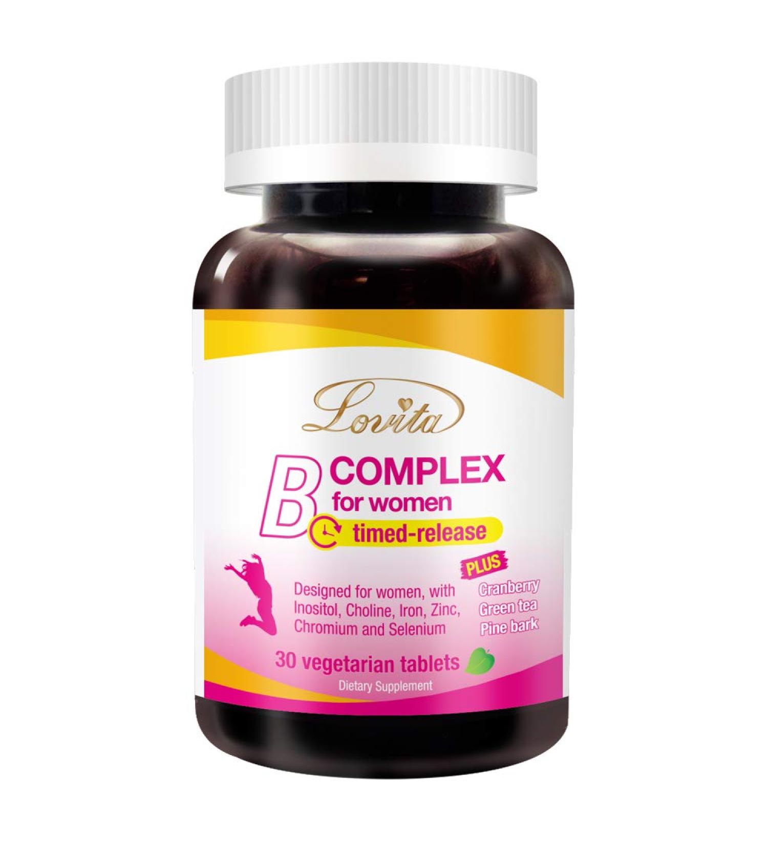 Lovita B Complex Supplement for Women - High Potency Timed Release with Iron, Vitamin C, Cranberry, Pine Bark, Green Tea, 30 Vegetarian Tablets 1 Count (Pack of 30) - Buy Online on GoSupps.com