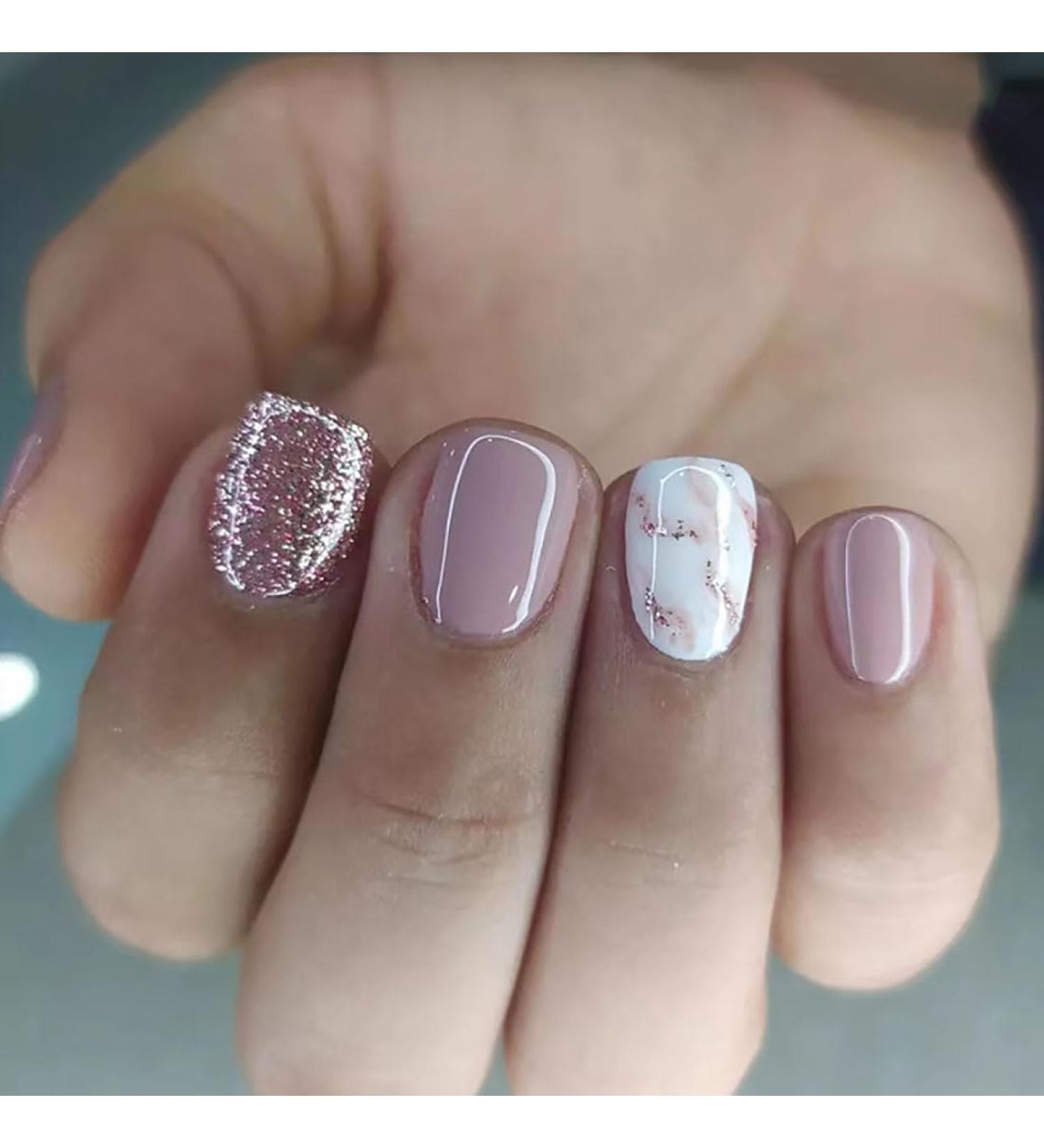 SINLOV Short Nude Pink Glitter Fake Nails Square French False Nails Glossy Press on Nails Ballerina Acrylic Full Cover Nails for Women and Girls - Buy Online on GoSupps.com