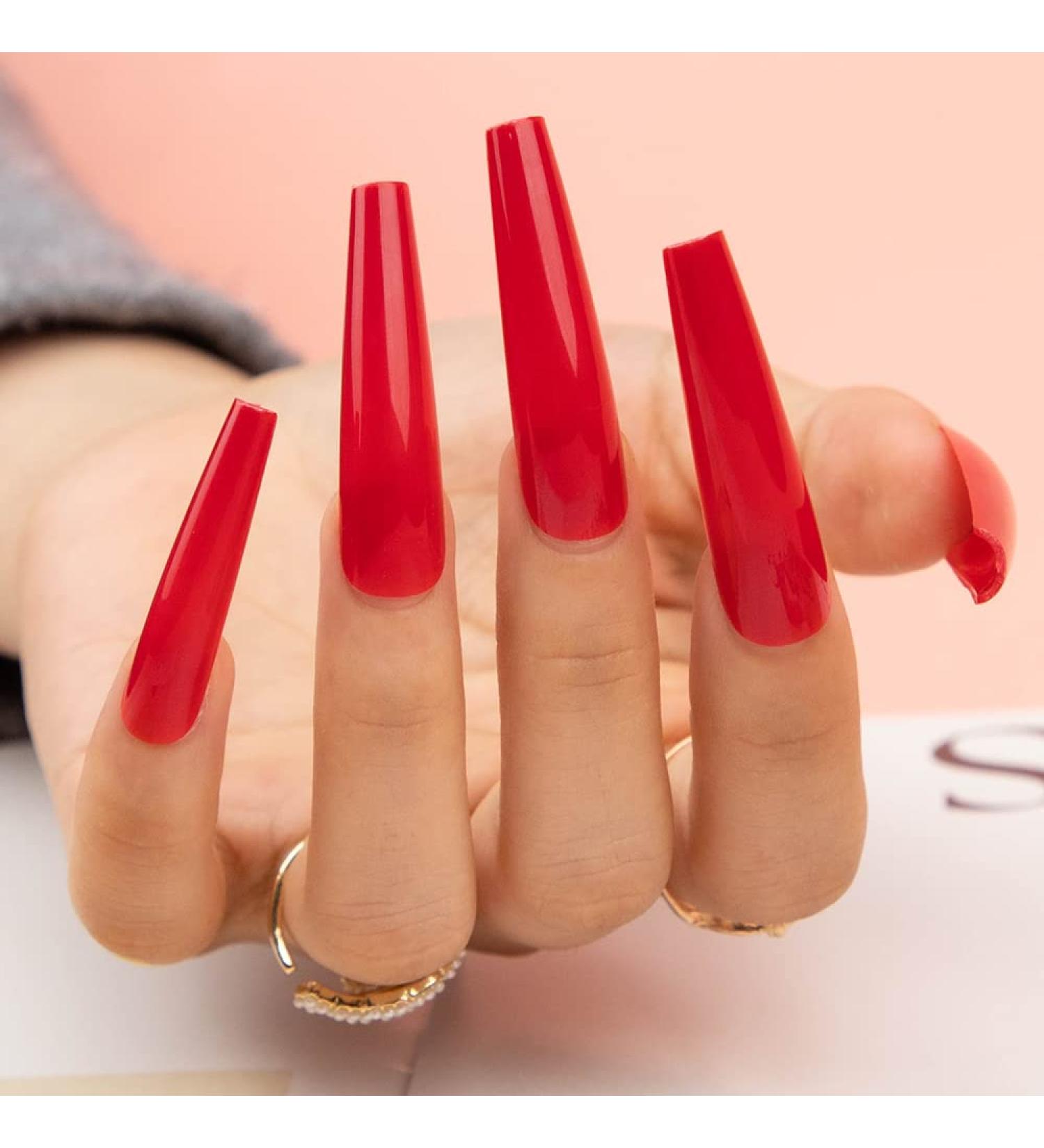BettyCora Extra Long XXXL Coffin Press On Nails Kit - Rose Red | Fake Nails with Glue & Adhesive Tabs | Acrylic False Nail Tips Set - 12 Sizes - Buy Online on GoSupps.com