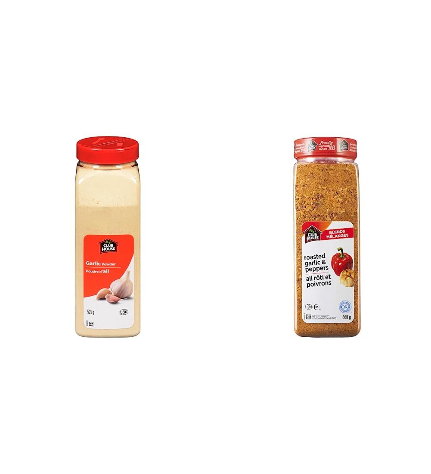 Club House Quality Natural Herbs and Spices Garlic Powder 525g & Roasted Garlic and Red Pepper One Step Seasoning 660g - Imported From Canada