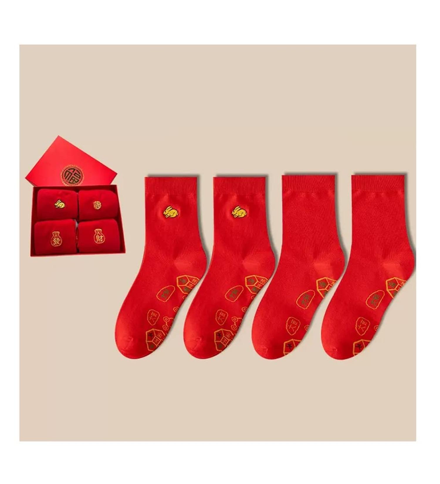 Chinese New Year Red Cotton Lucky Socks 4 Pairs - Spring Festival Gift for Men and Women | Size 36-44 Red-9 - Buy Online on GoSupps.com