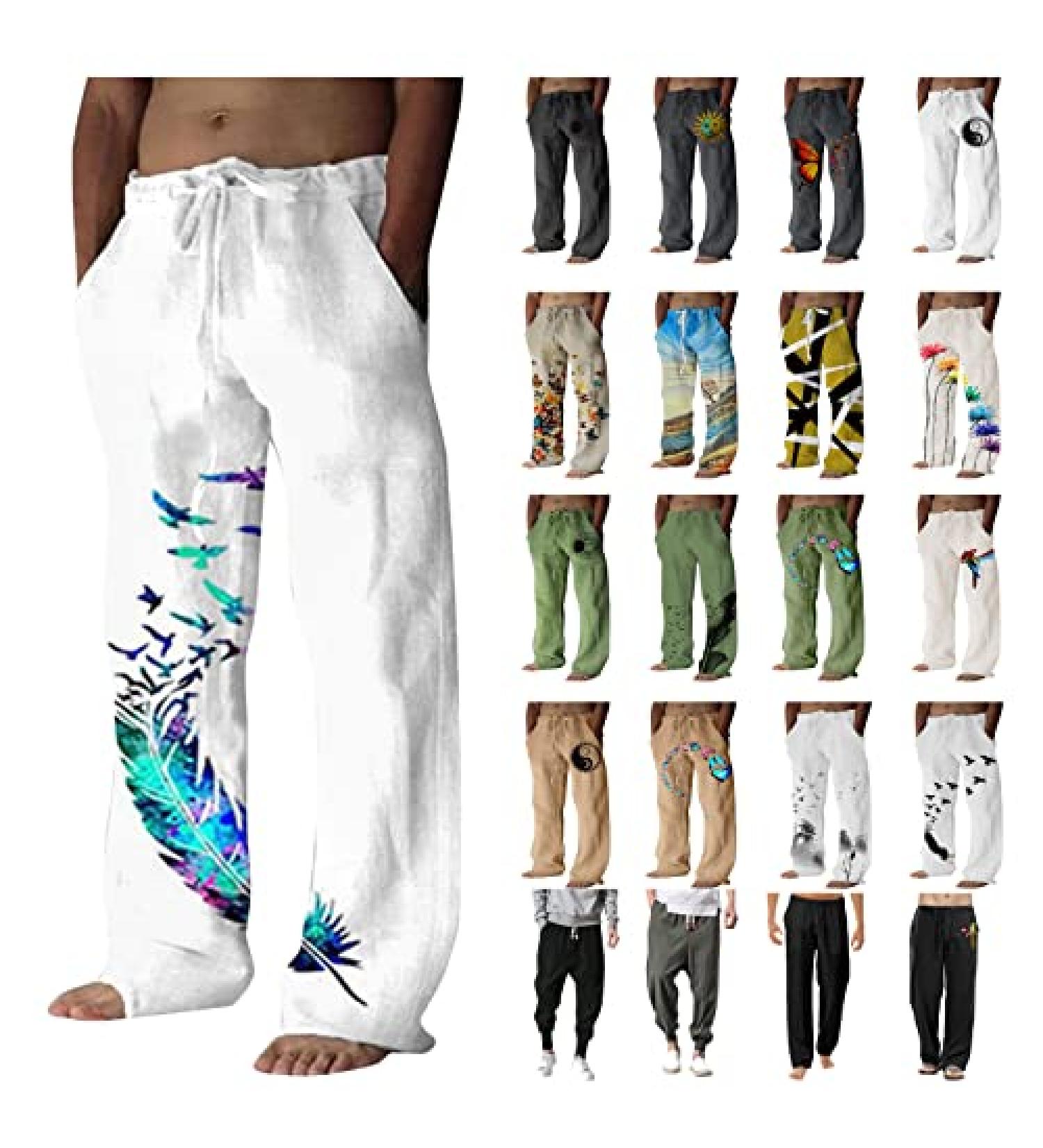 Men's Casual Tree&Bird Print Full Length Pants Regular Fit Elastic Waist | 2023 Trendy Wide Leg Trousers - Grey Medium - Buy Online on GoSupps.com