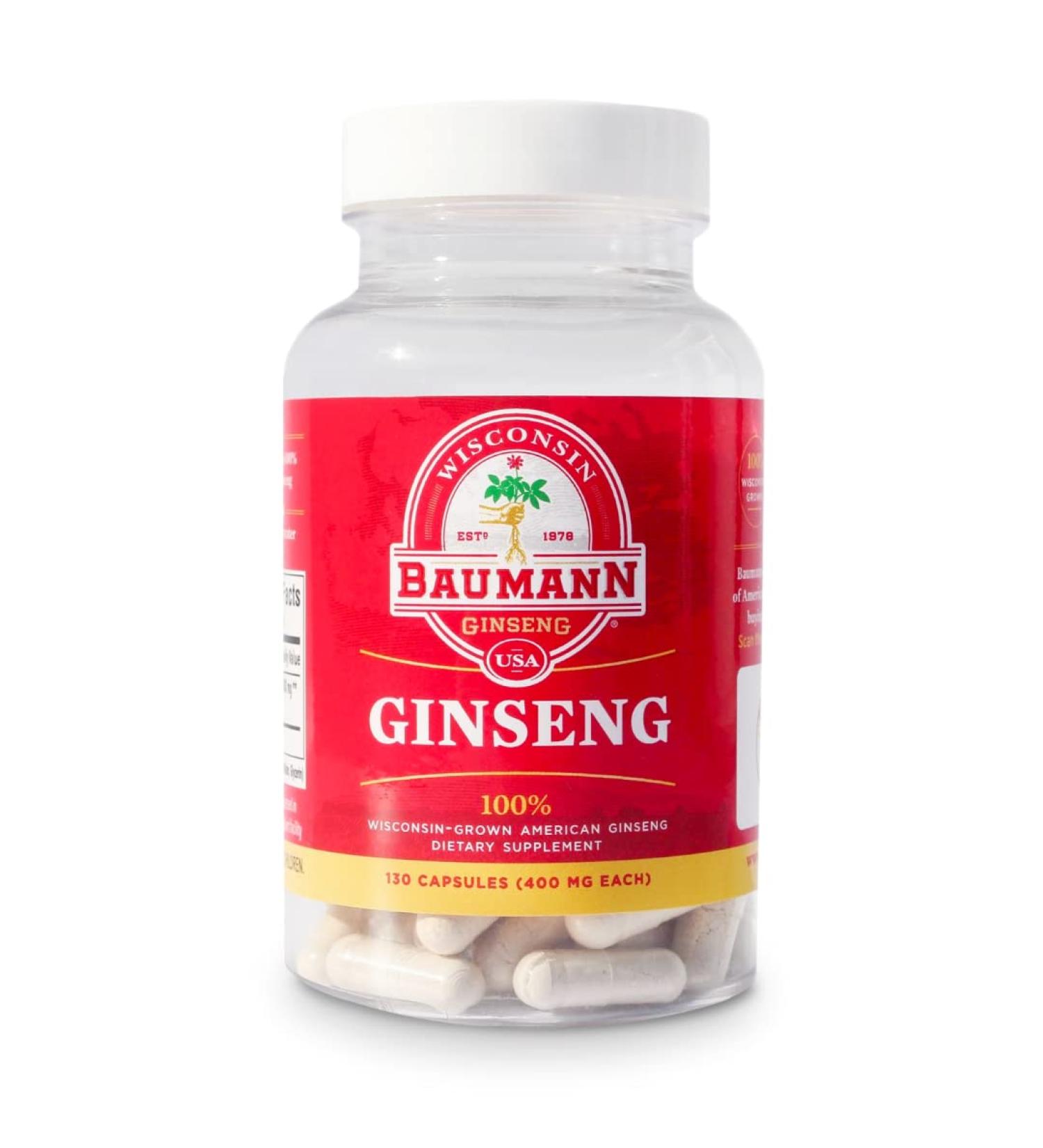 Baumann Wisconsin Ginseng Capsules 130 Pills 400 mg   Pure American Ginseng Root Extract Powder in Each Pill - 100% Natural Panax Ginseng Supplement for Immune Support  Focus and Energy - Buy Online on GoSupps.com