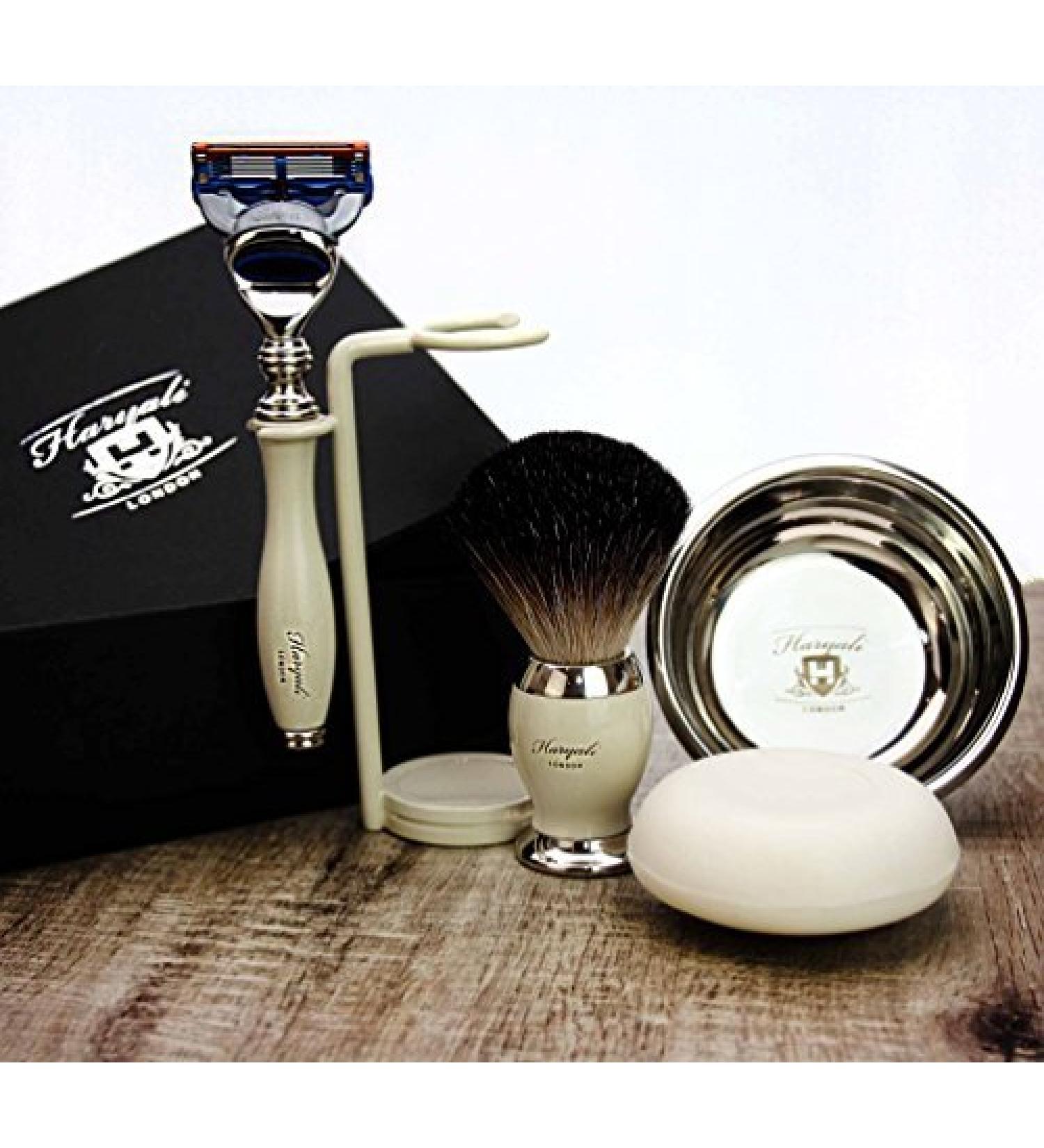 Premium Men's Shaving Kit | 5-Edge Razor Black Badger Hair Brush Stand Soap & Stainless Steel Bowl - Buy Online on GoSupps.com