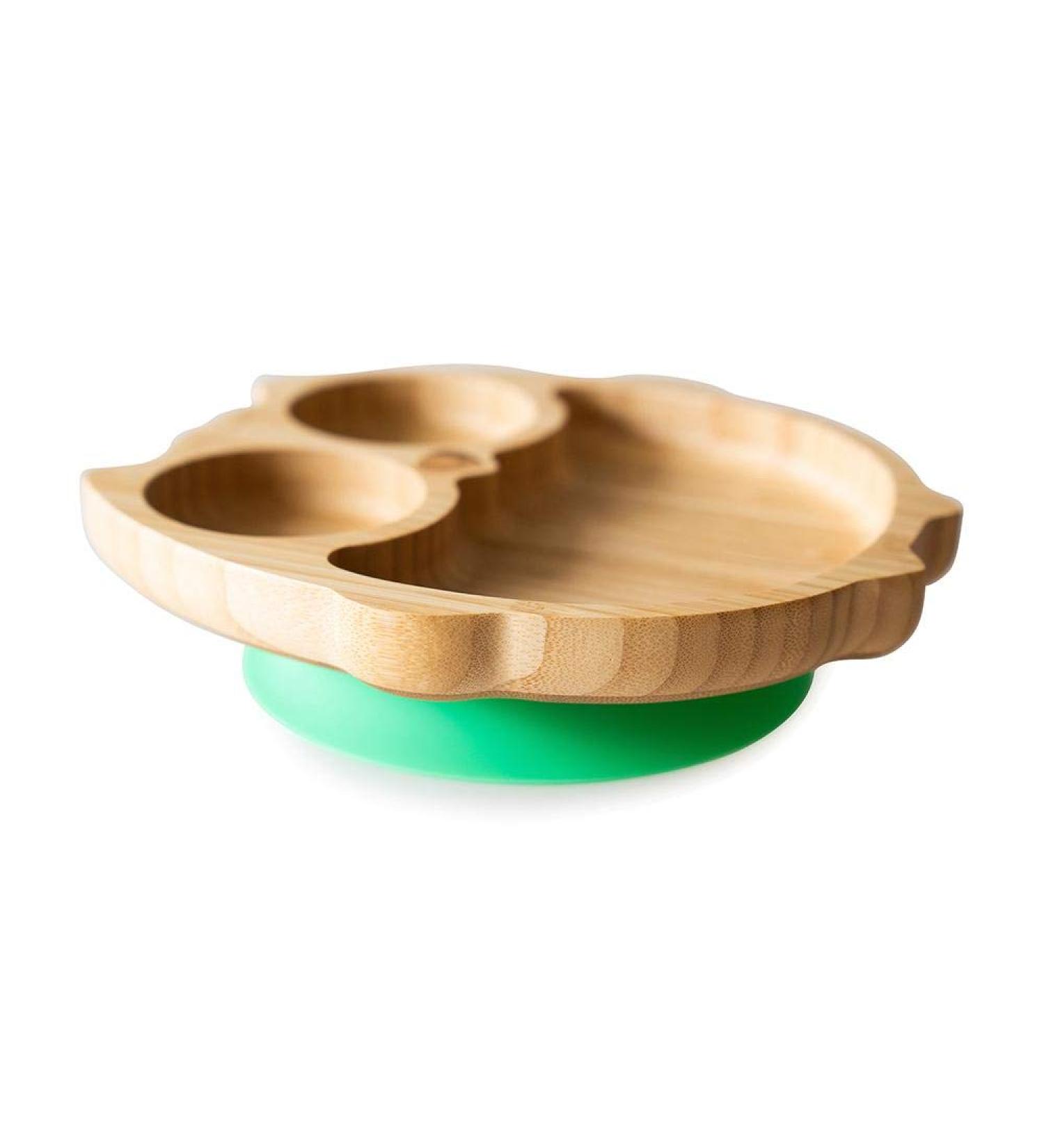 eco rascals Owl Shaped Natural Bamboo Plates for Baby Toddler | Owl Shaped Baby Suction Plate | Stay Put Feeding Plate for Weaning with Three Sections | Detachable Suction Base | Green (Grey) (Green)