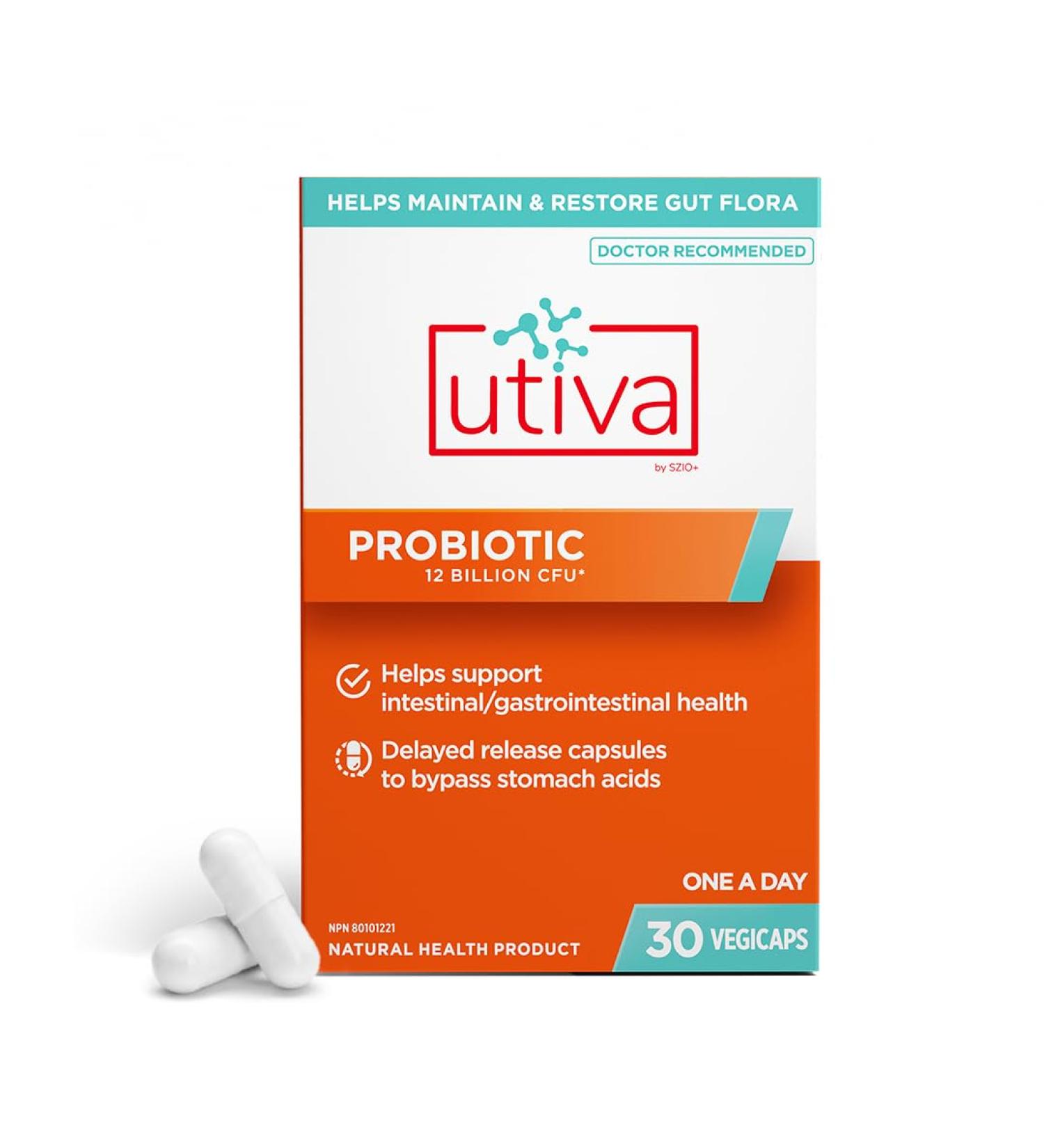 Utiva Probiotic Urinary Tract and Gut Health Supplement 12 Billion CFU Lactobacillus & Bifidobacterium Probiotic for Men and Women 30 Delayed Release Vegi Capsules - Buy Online on GoSupps.com