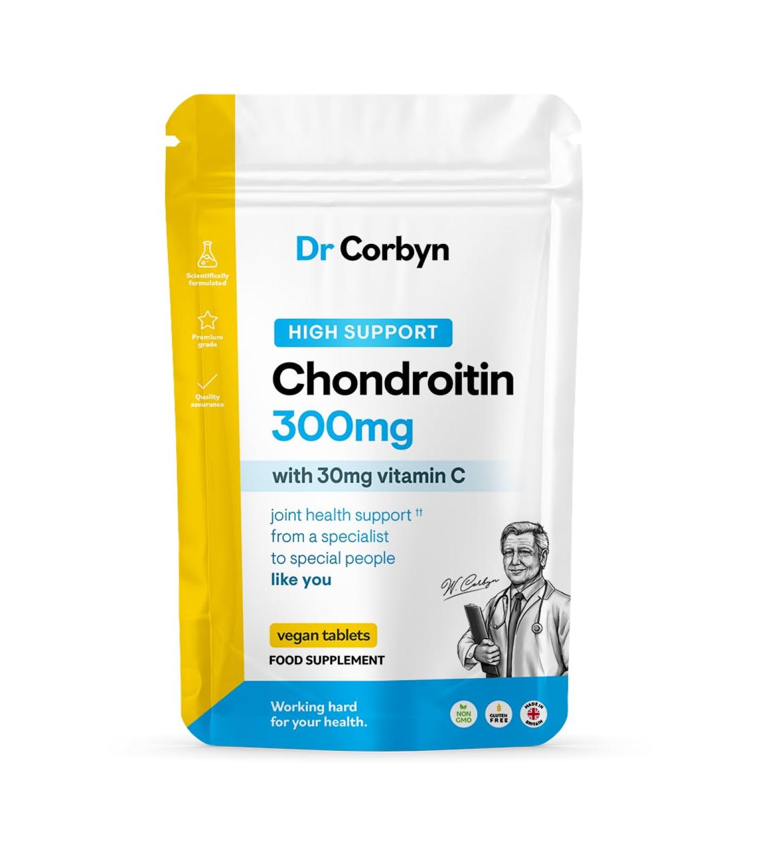 Dr Corbyn Chondroitin Sulfate 300mg with Vitamin C Tablets | 90% Marine Chondroitin Supplement + Vitamin C | Maintenance of Normal Bones & Cartilage | Collagen Formation (240 Tablets)