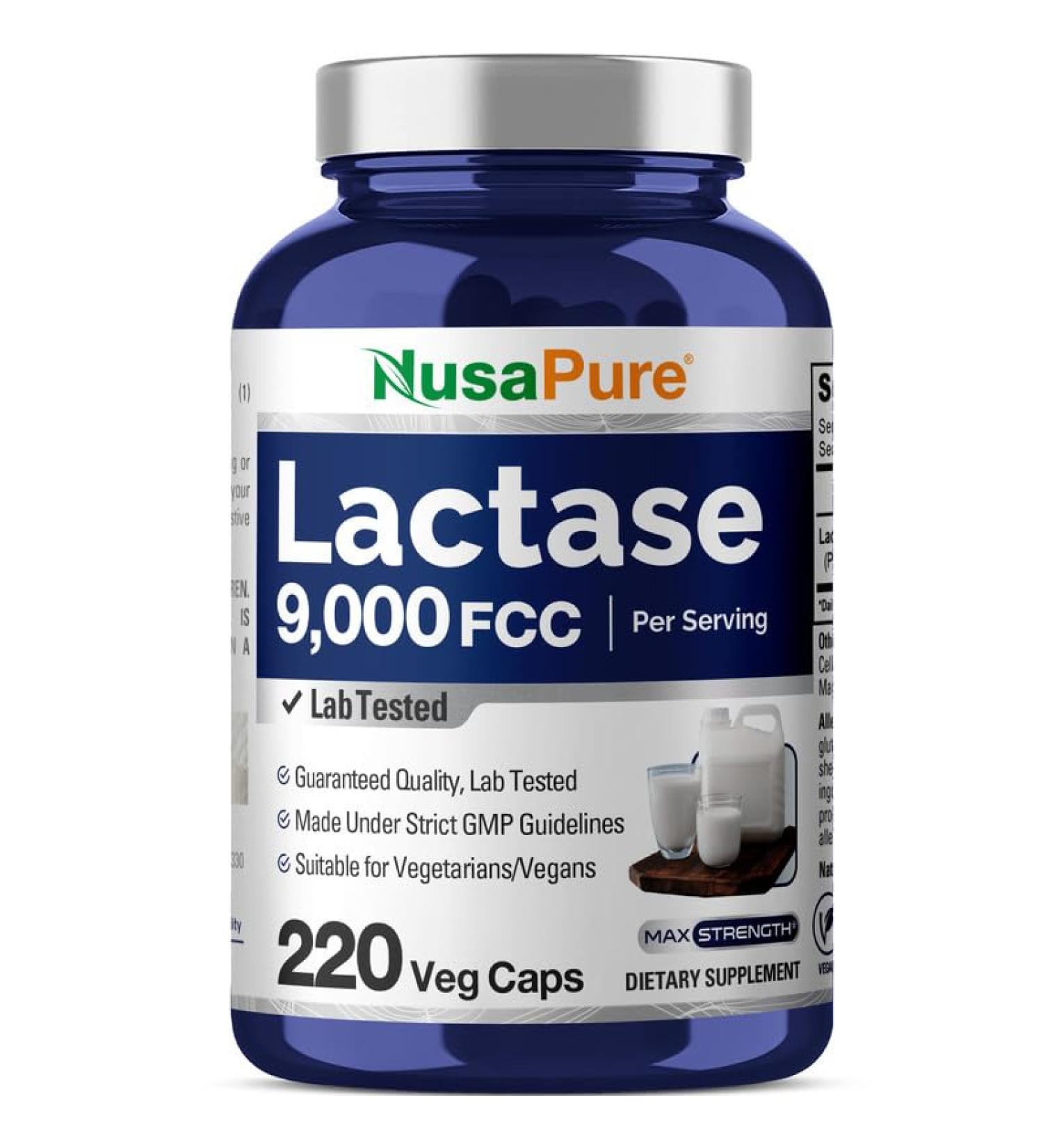 NusaPure Lactase Enzyme 9000 FCC Lactase Unit Suitable for Vegetarians/Vegan Non-GMO 220 Veg Capsules - Buy Online on GoSupps.com