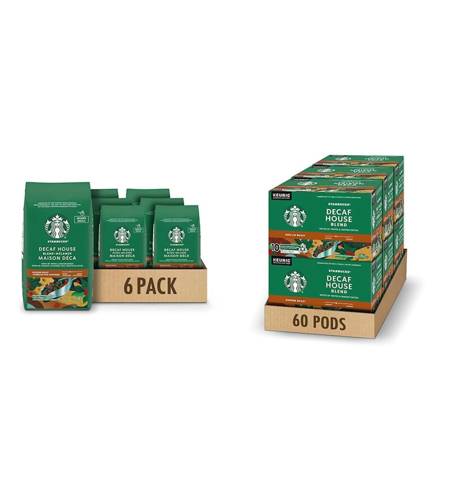 Starbucks Decaf House Blend Ground Coffee Medium Roast 340 Grams (pack of 6) & House Blend Decaf K-Cups Single Serve Keurig Compatible Coffee Pods For Keurig Brewers - 60 Capsules Coffee + K-Cup Pods - Buy Online on GoSupps.com