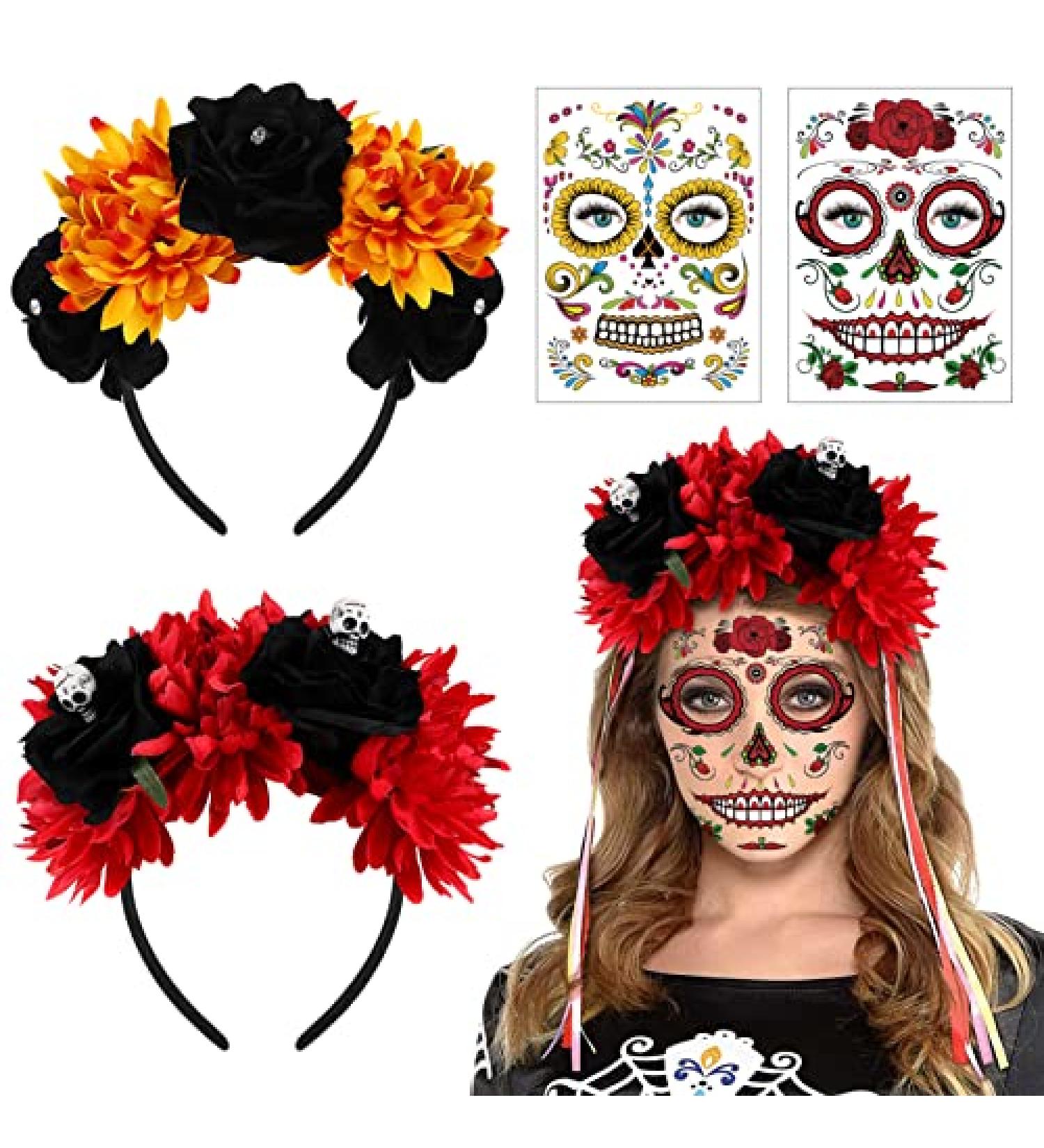 FRCOLOR 2Pcs Day of The Dead Headband with Mexican Flower Crown and Halloween Tattoos - Red and Orange - Buy Online on GoSupps.com