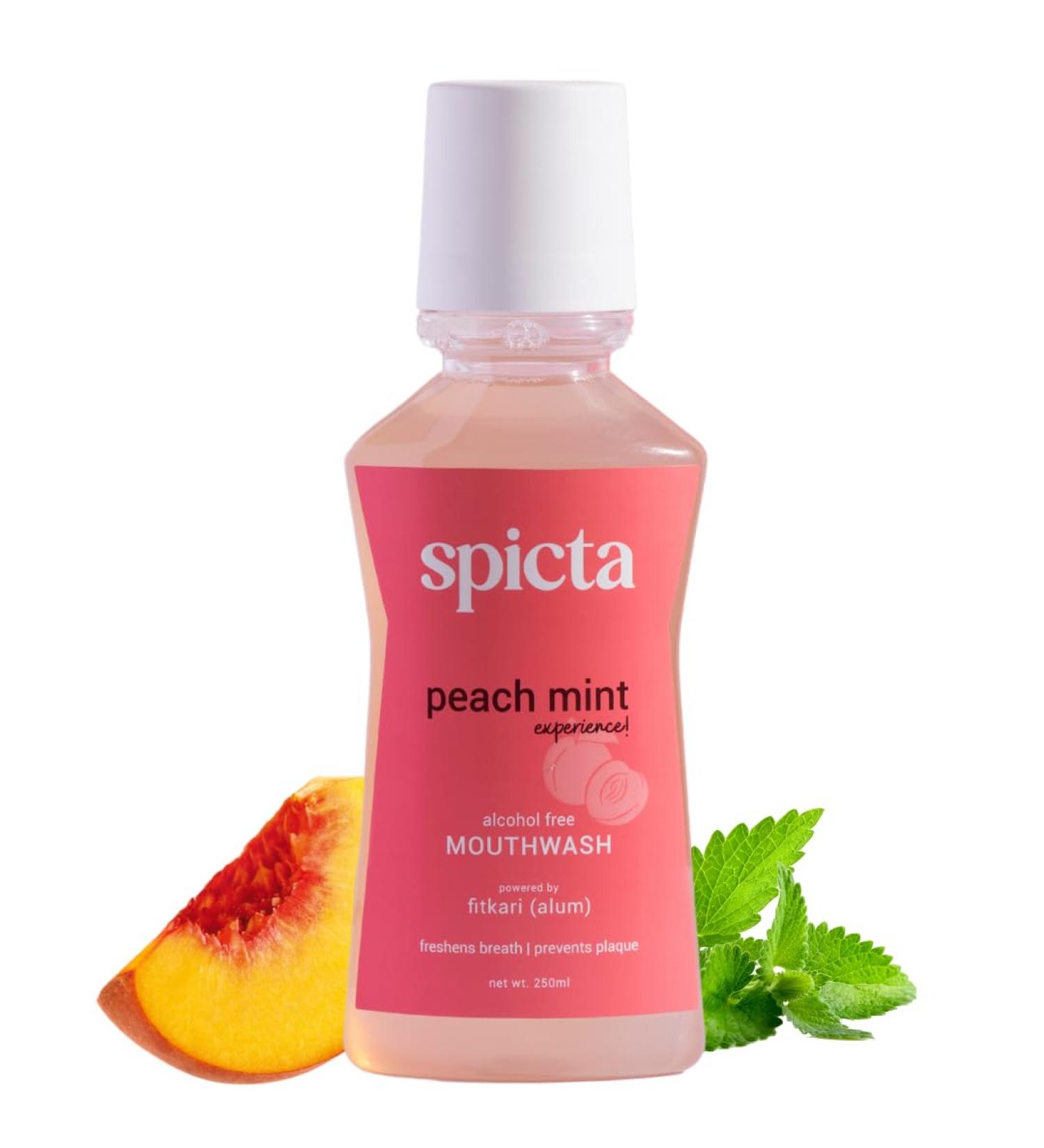 Spicta Mouthwash Peach Mint | Powered by Fitkari (Alum) | Fluoride Free | Alcohol Free | SLS & Paraben Free | Freshens Breath Prevents Plaque (250 ml) - Buy Online on GoSupps.com