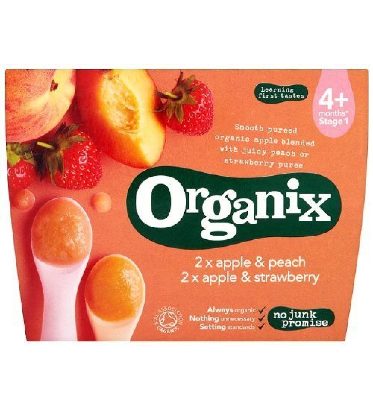 Organix Stage 1 From 4 Months Organic Fruit Pots Apple and Strawberry/Apple and Peach 4 x 100 g (Pack of 6 Total 24 Pots)