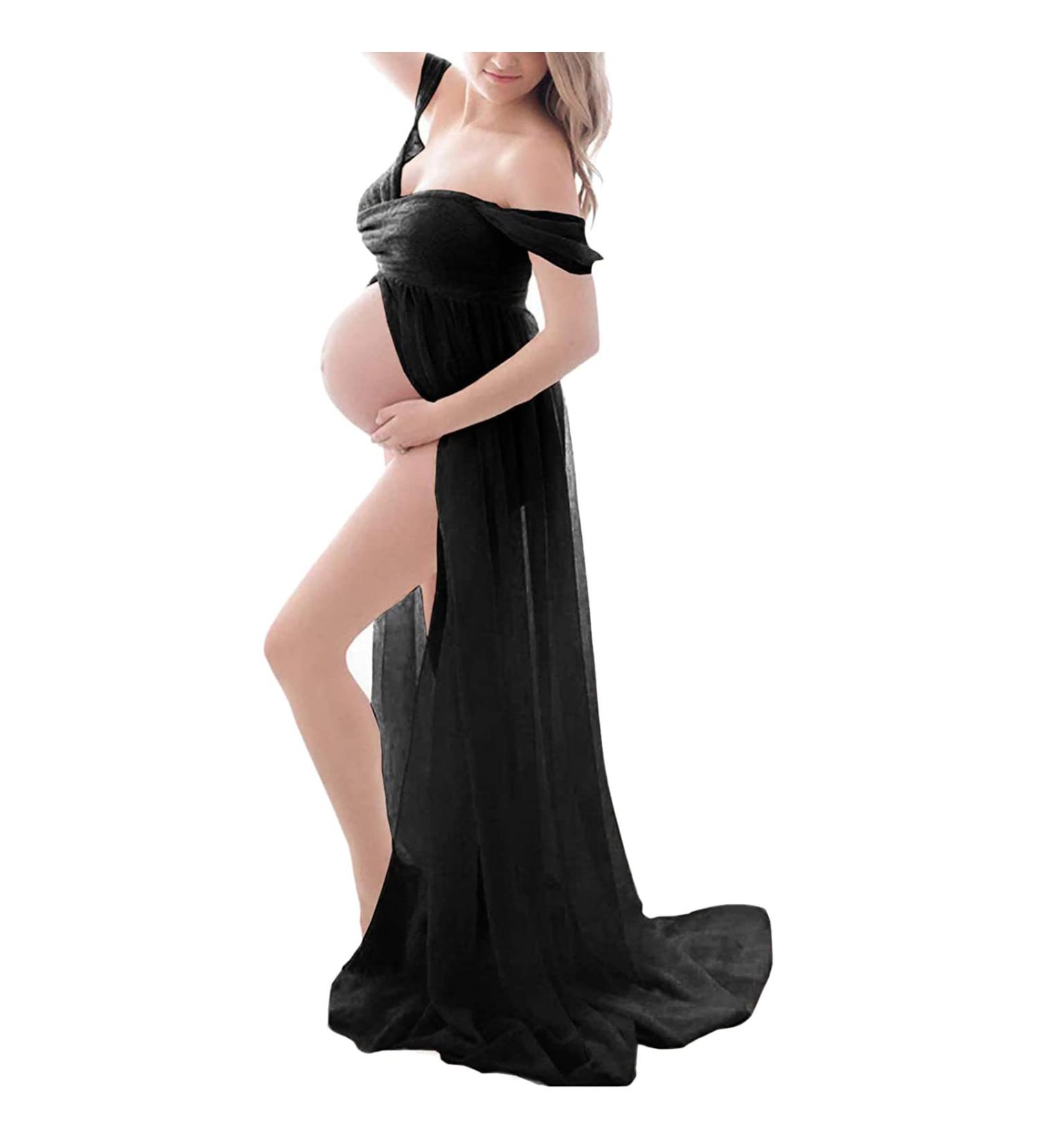 Robe de maternit pour femme enceinte s ance photo paules d nud es robe de grossesse couleur unie robe de maternit robe de mari e robe de soir e l gante S Noir - Buy Online on GoSupps.com