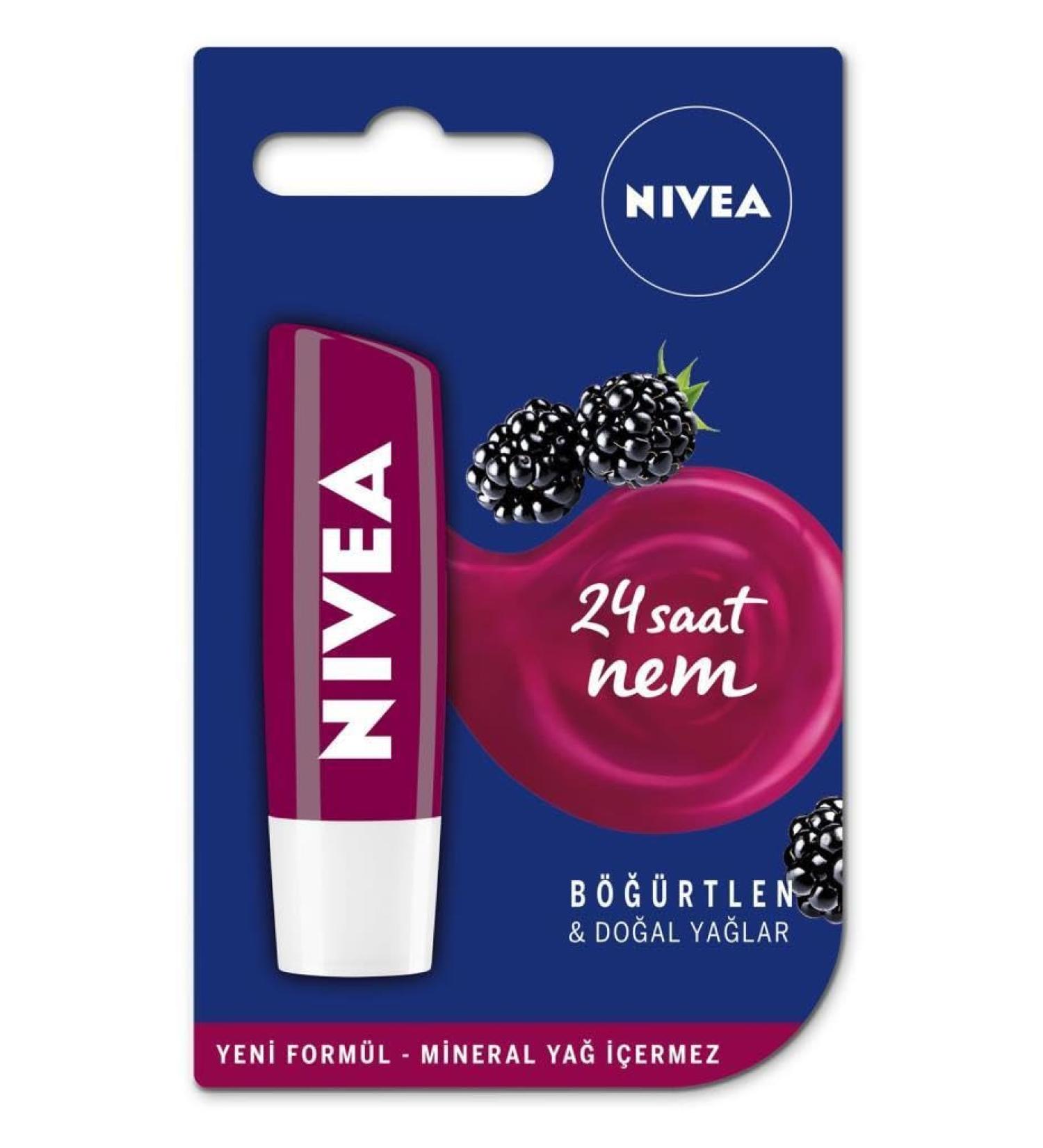 NIVEA Blackberry Lip Care Cream 24 Hour Moisture Light Burgundy Glow All-Day Lip Care with Natural Oils Blackberry Scent 4.8g