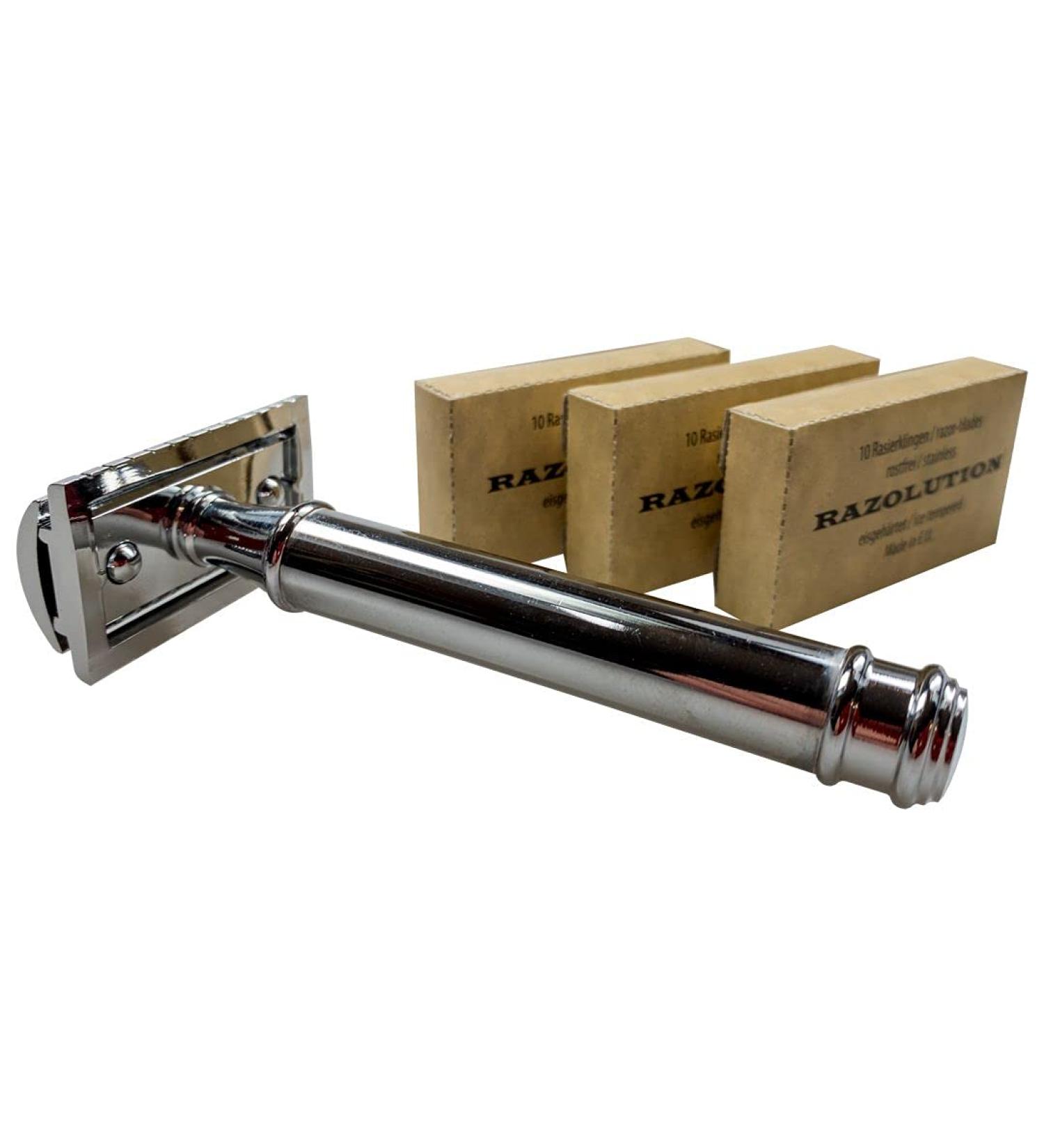 Safety razor 3-piece with 85 mm handle shiny chrome-plated as a set with 30 razor blades FREE