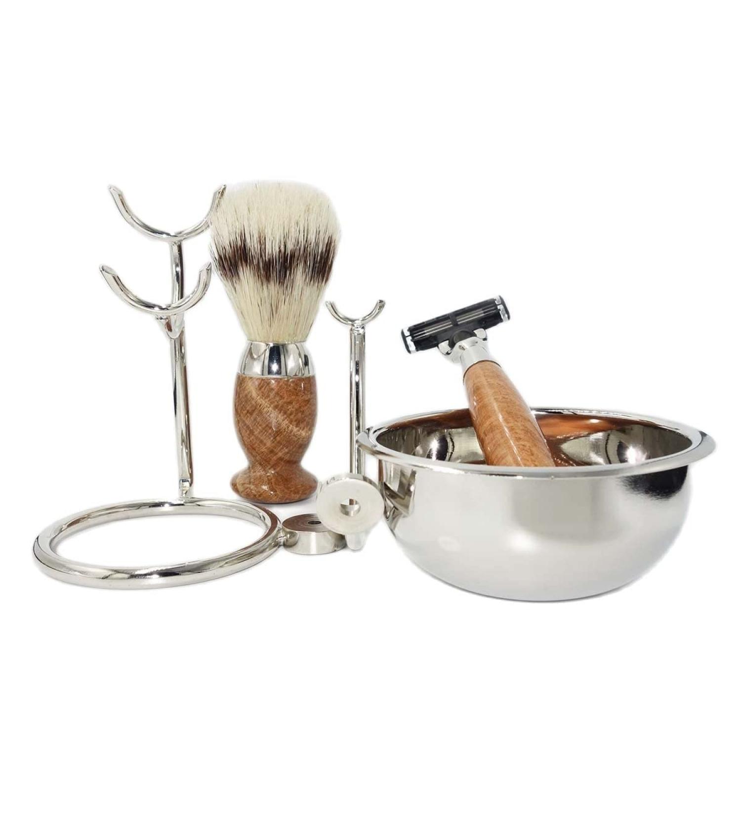 Luxury HRTC Men's Shaving Brush Stand & 3-Layer Razor Blade Kit with Natural Stone Handles - Silver 13x15cm - Buy Online on GoSupps.com