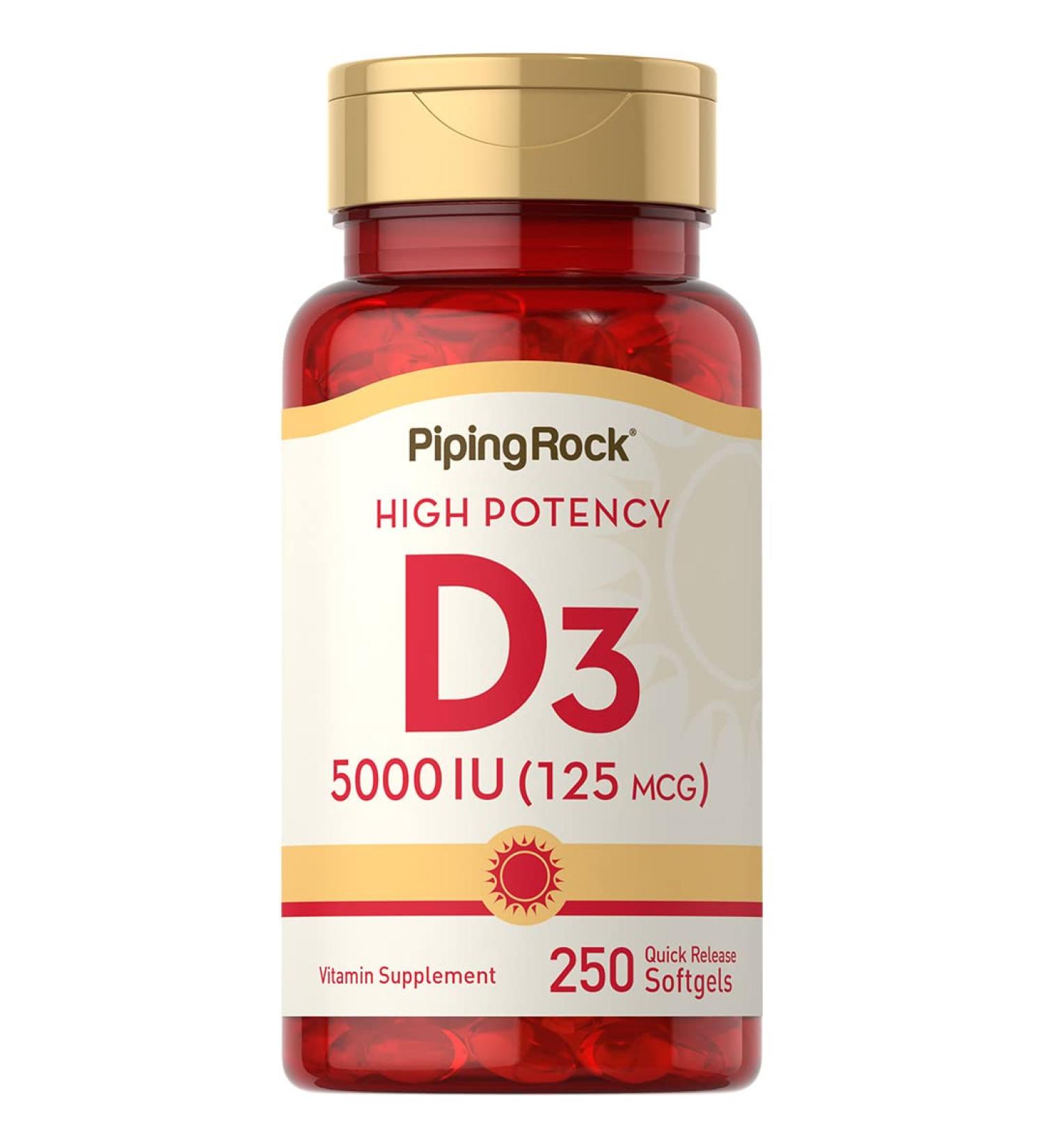 Piping Rock Vitamin D3 5000 IU Supplement - 250 Softgels, High Potency, Non-GMO & Gluten Free - Buy Online on GoSupps.com