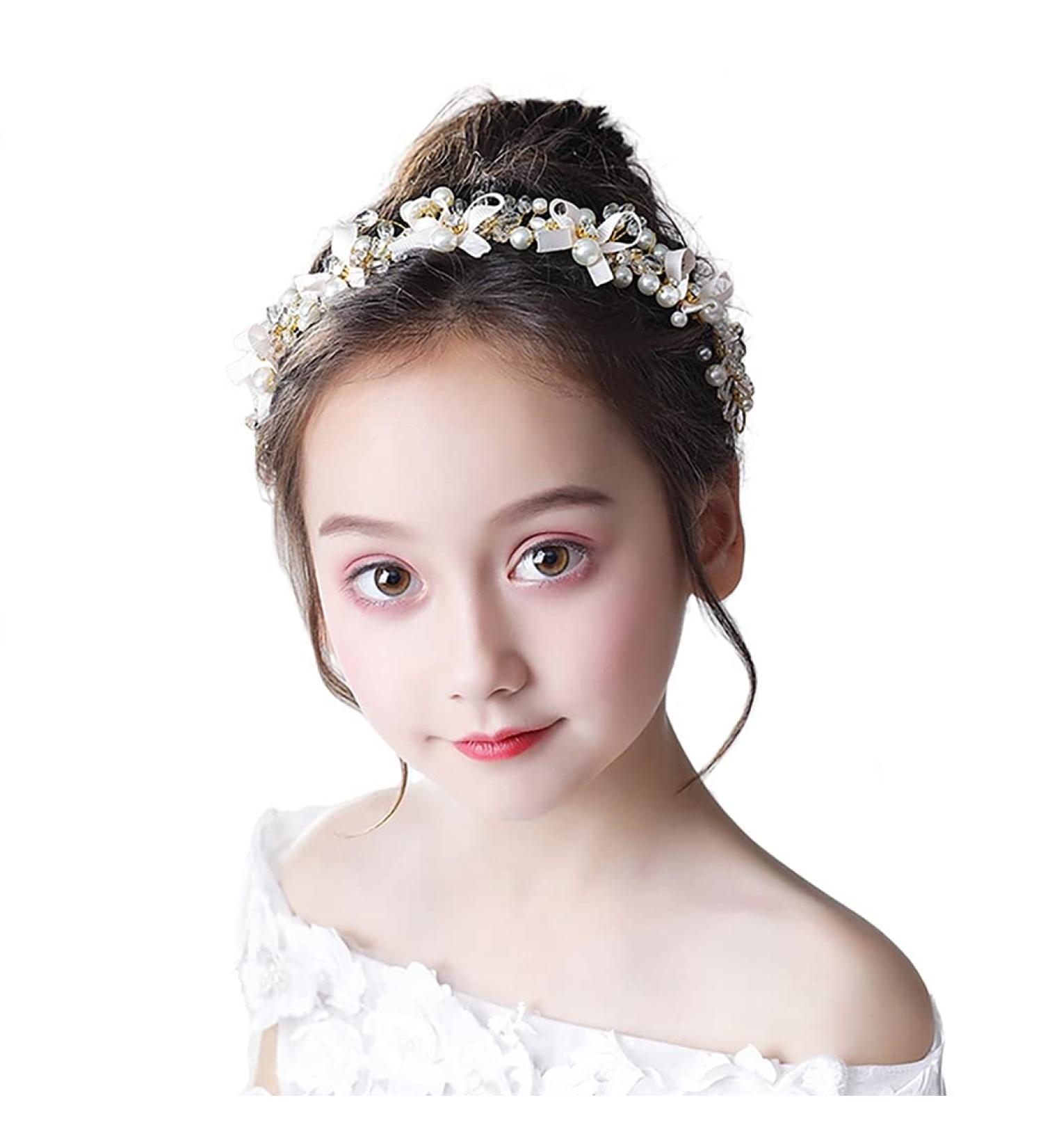 IYOU Princess Pearl Headpiece Gold Bowknot Headband Crystal Bridal Wedding Hair Accessories Holy Communion Hair Tiaras for Flower Girls - Buy Online on GoSupps.com