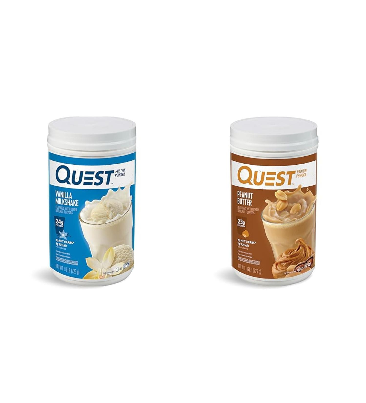 Quest Nutrition Vanilla Milkshake Protein Powder 24g of Protein 1g of Sugar 1.6 Pound 23 Servings & Peanut Butter Protein Powder 23g Protein 1g Sugar Low Carb Gluten Free - Buy Online on GoSupps.com