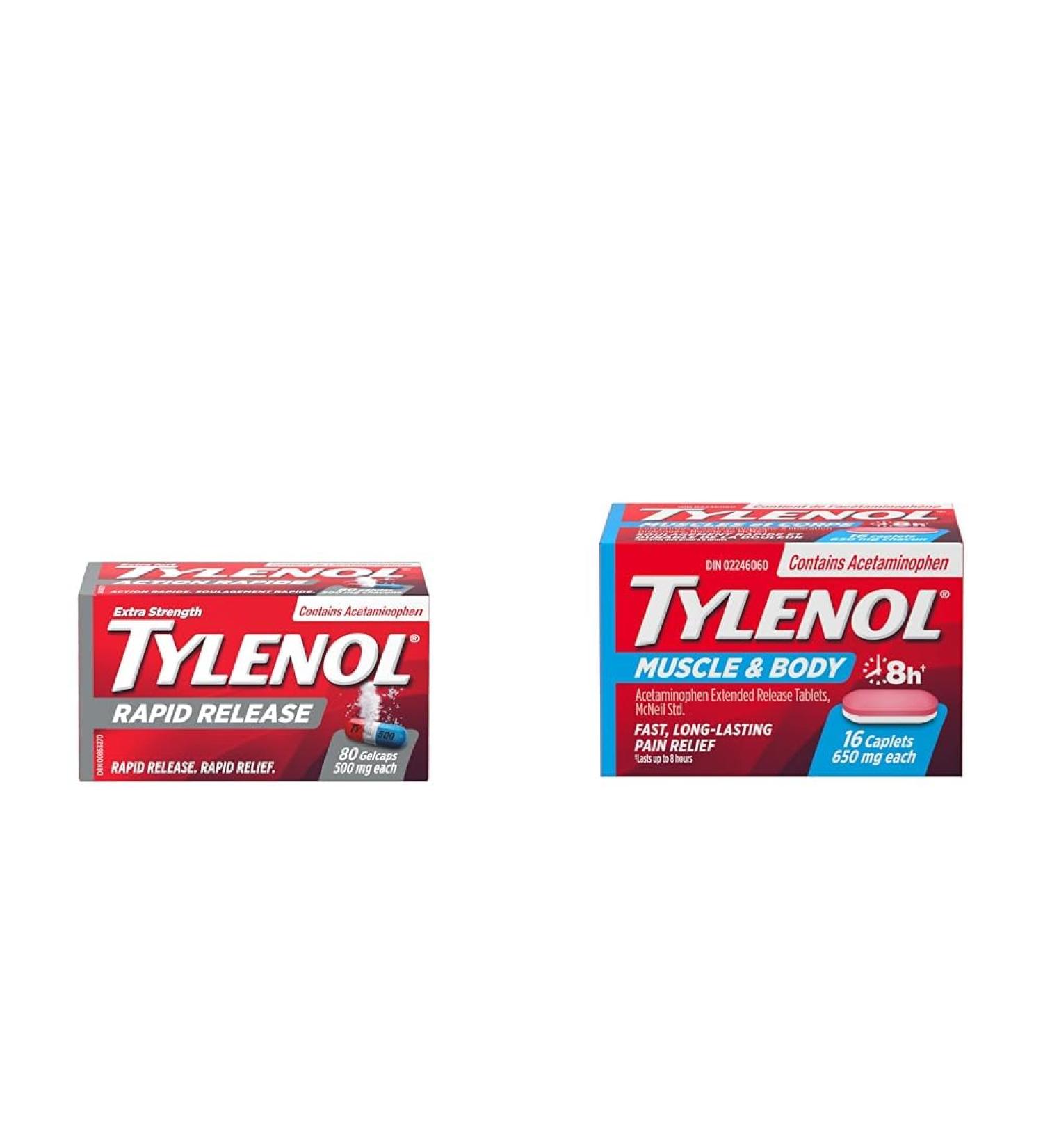 Tylenol Rapid Release for Headache Pain Relief Fever (500 mg Acetaminophen 80 Gelcaps) + Tylenol Muscle Aches and Body Pain (650 mg Acetaminophen 16 Caplets) 80 Count (Pack of 1) Medication+Tylenol - Buy Online on GoSupps.com