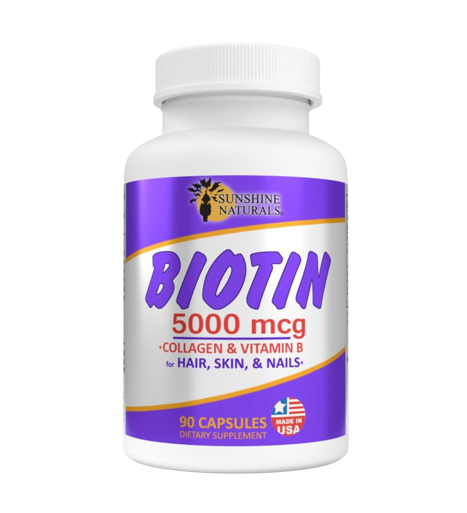 Sunshine Naturals Biotin Dietary Supplement. Supports Healthier Skin Thicker Stronger and Faster Hair and Nail Growth. Enriched with Collagen Vitamin A and B for Hair Loss. 5000 mcg. 90 Capsules. 1 - Buy Online on GoSupps.com