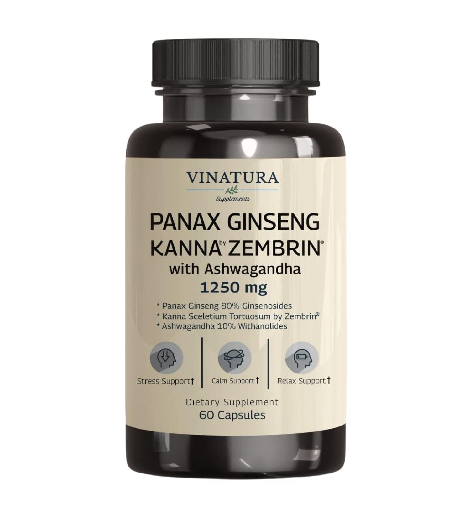 VINATURA Ashwagandha Korean Ginseng Kanna Zembrin Capsules - Brain Health & Stress Relief Support - 1250mg - Panax Ginseng & Sceletium Tortuosum Blend - Buy Online on GoSupps.com