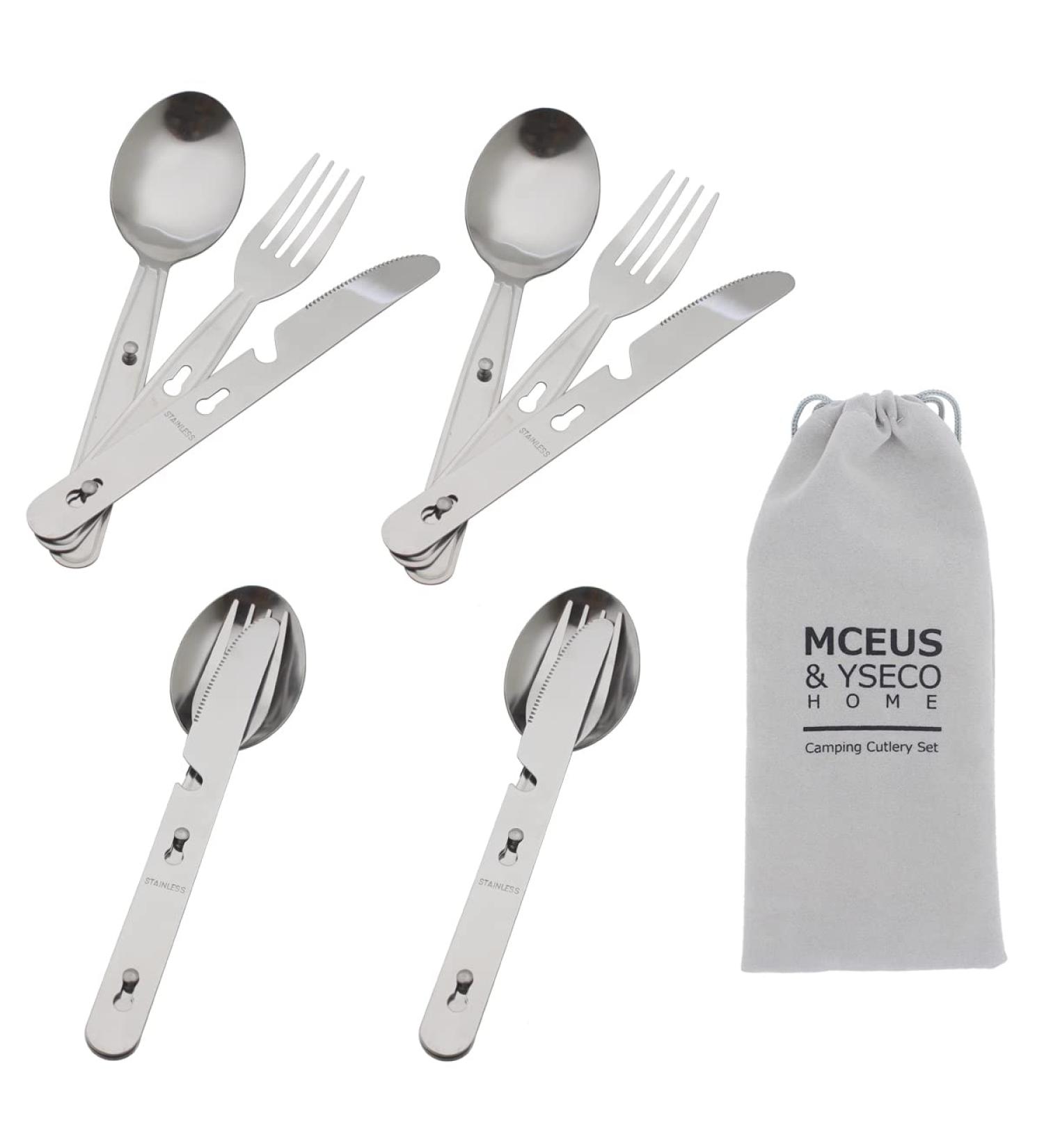 Camping Utensils Set for 4 - Stainless Steel 4-in-1 Cutlery with Bottle Opener & Carrying Bag | Portable Hiking Gear for Picnic, Travel, Backpacking - Buy Online on GoSupps.com