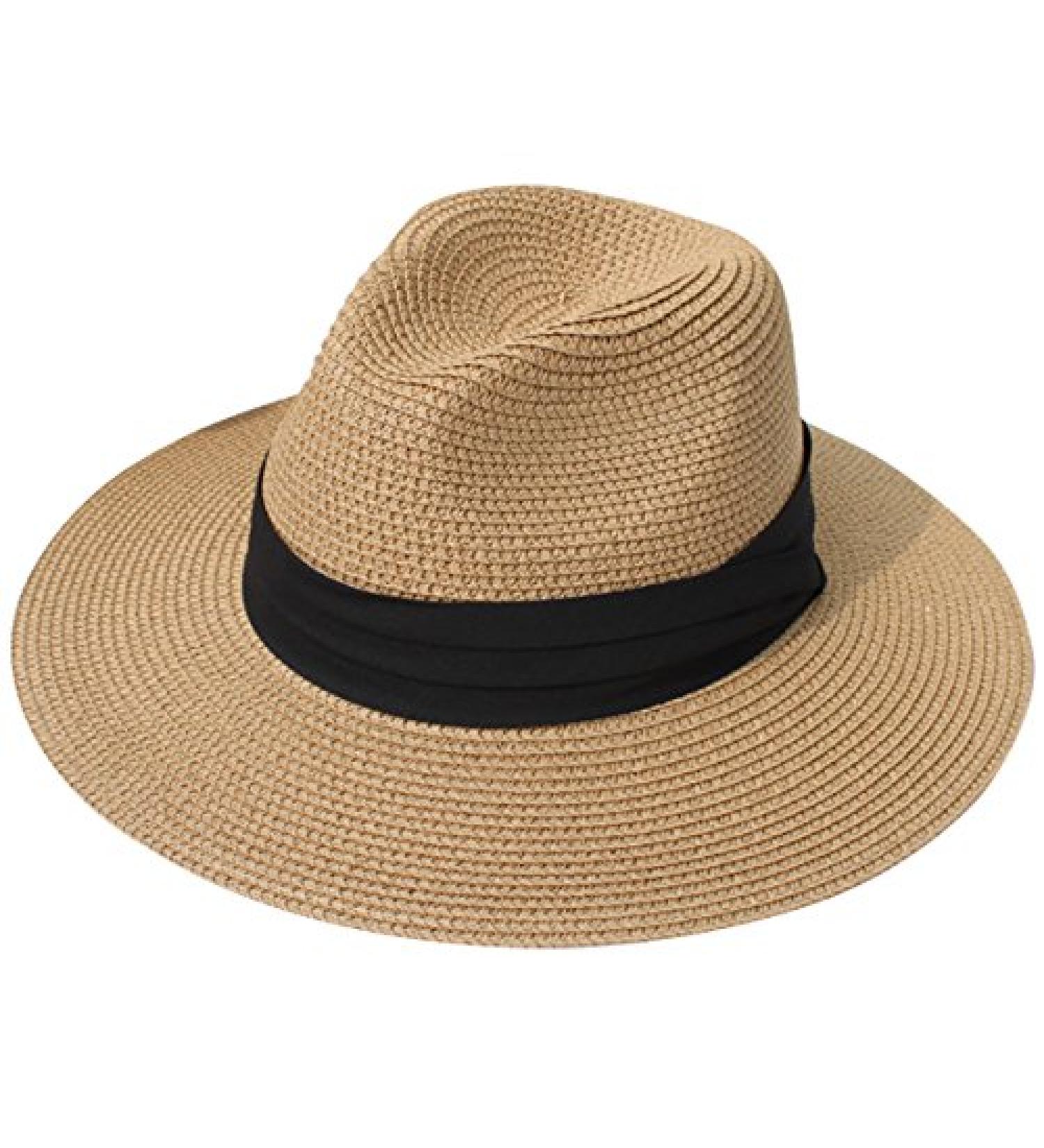 Lanzom Women Wide Brim Straw Panama Roll-up Fedora Hat UPF50+ - Brown/Black - Buy Online on GoSupps.com