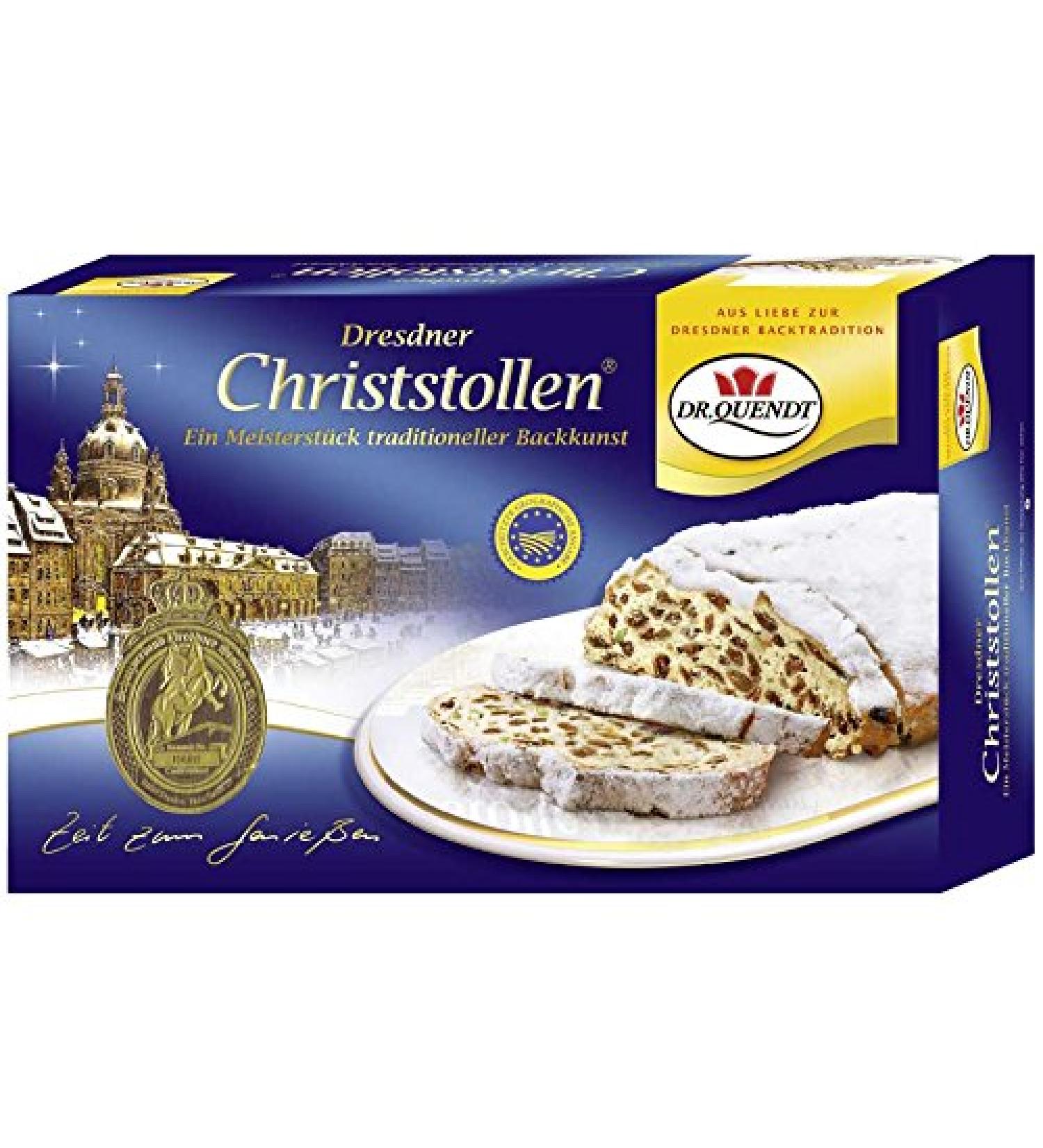 Dr. Quendt Christstollen Traditional Stollen Recipe Iconic Holiday Sweet Bread Heavy Yeast Dough with Butter, Rum Raisins, Cake is Densely Coated in Confection Sugar, Imported from Germany 1kg