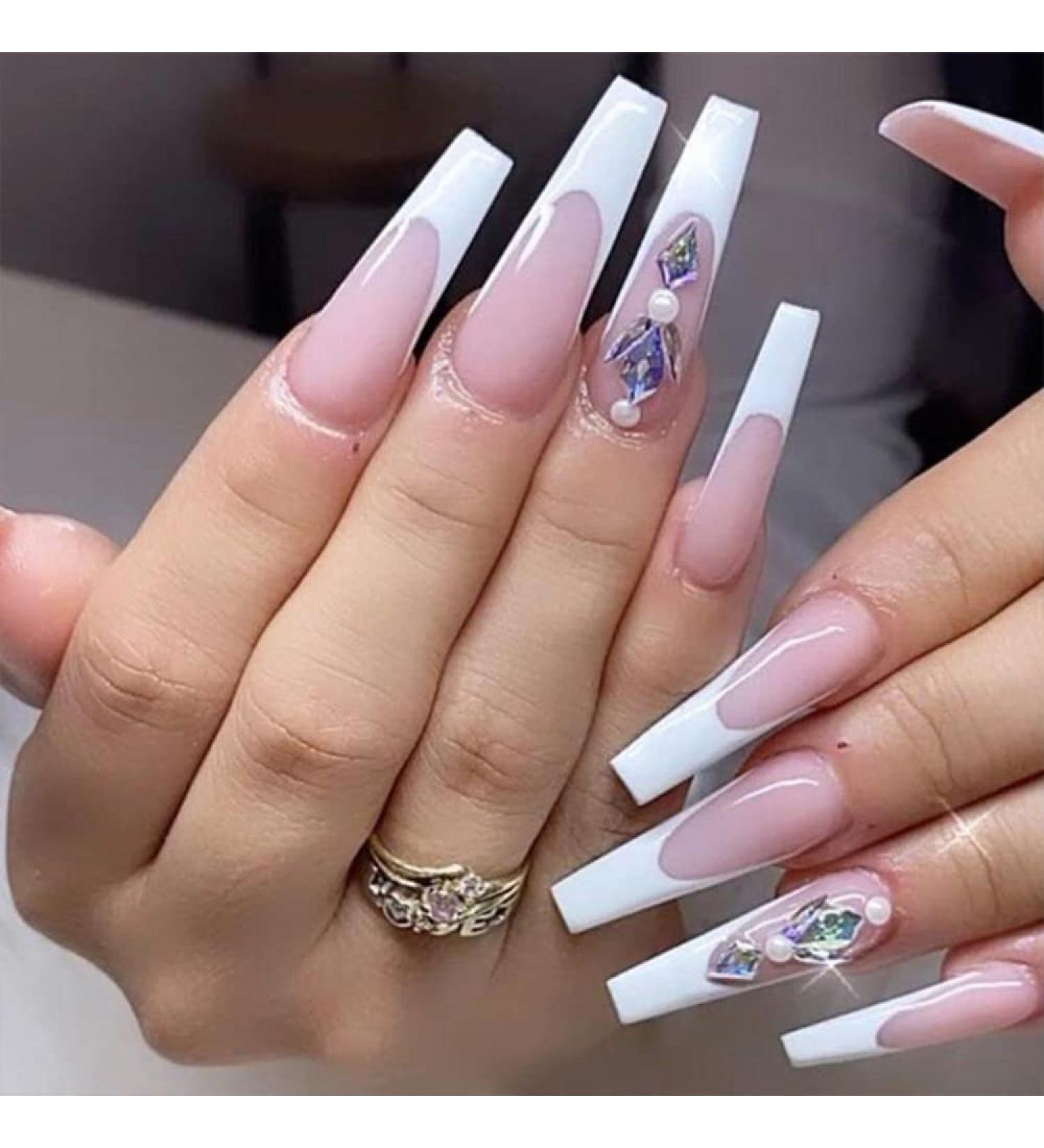 MIQIQAO C_DiamondWhite Coffin Nails - 24 Shiny Long Ballerina Stick-On Nails with Glue | International Shipping Available - Buy Online on GoSupps.com