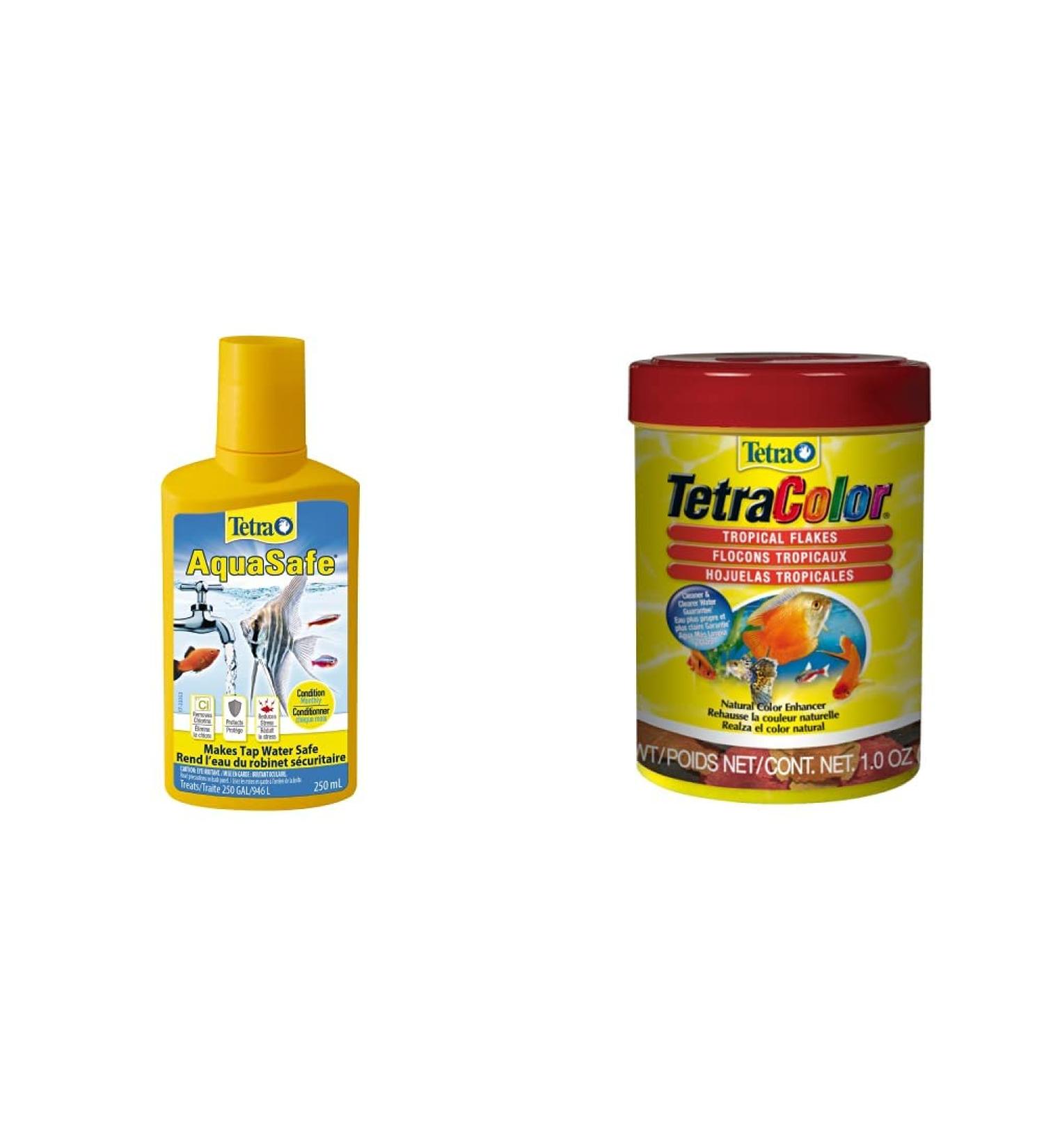 Tetra AquaSafe 8.45oz 250ml & Tropical Colour Flakes Fish Food with Natural Colour Enhancers 28g - Buy Online on GoSupps.com
