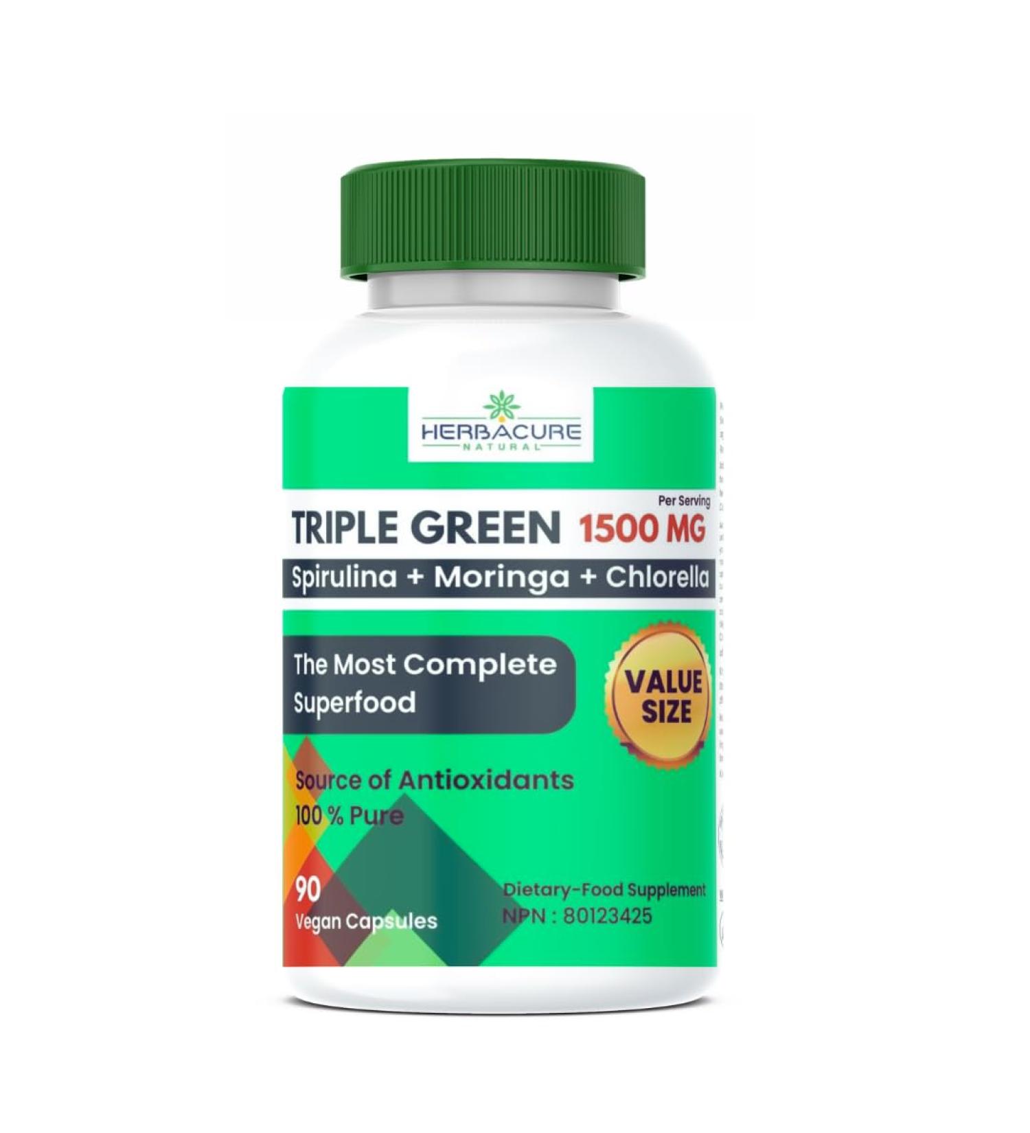 TRIPLE GREEN SPIRULINA MORINGA CHLORELLA UNIQUE 100% PURE 3 IN 1 NEW2023 ! 90 Capsules MADE IN CANADA  - Buy Online on GoSupps.com