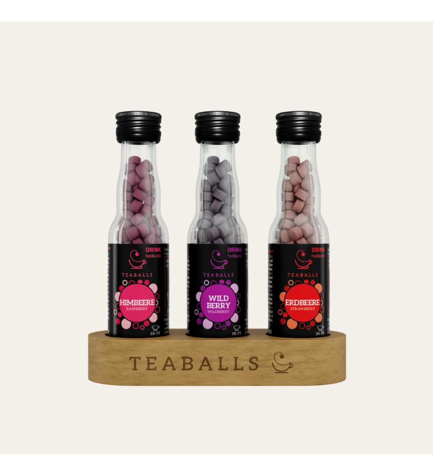 Teaballs tea set berry with strawberry raspberry wild berry + free wooden display instant results 90-225 cups of hot fruit tea or cold iced tea without sugar instant powder