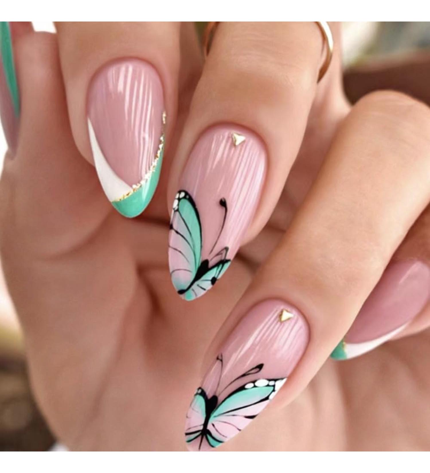 MENILITHS 24Pcs/Set Press On Nails French Green White Butterfly False Nails Acrylic Fake Nails Full Cover Nails Tips Artificial Finger Manicure Press on nails for Women and Girls - Buy Online on GoSupps.com