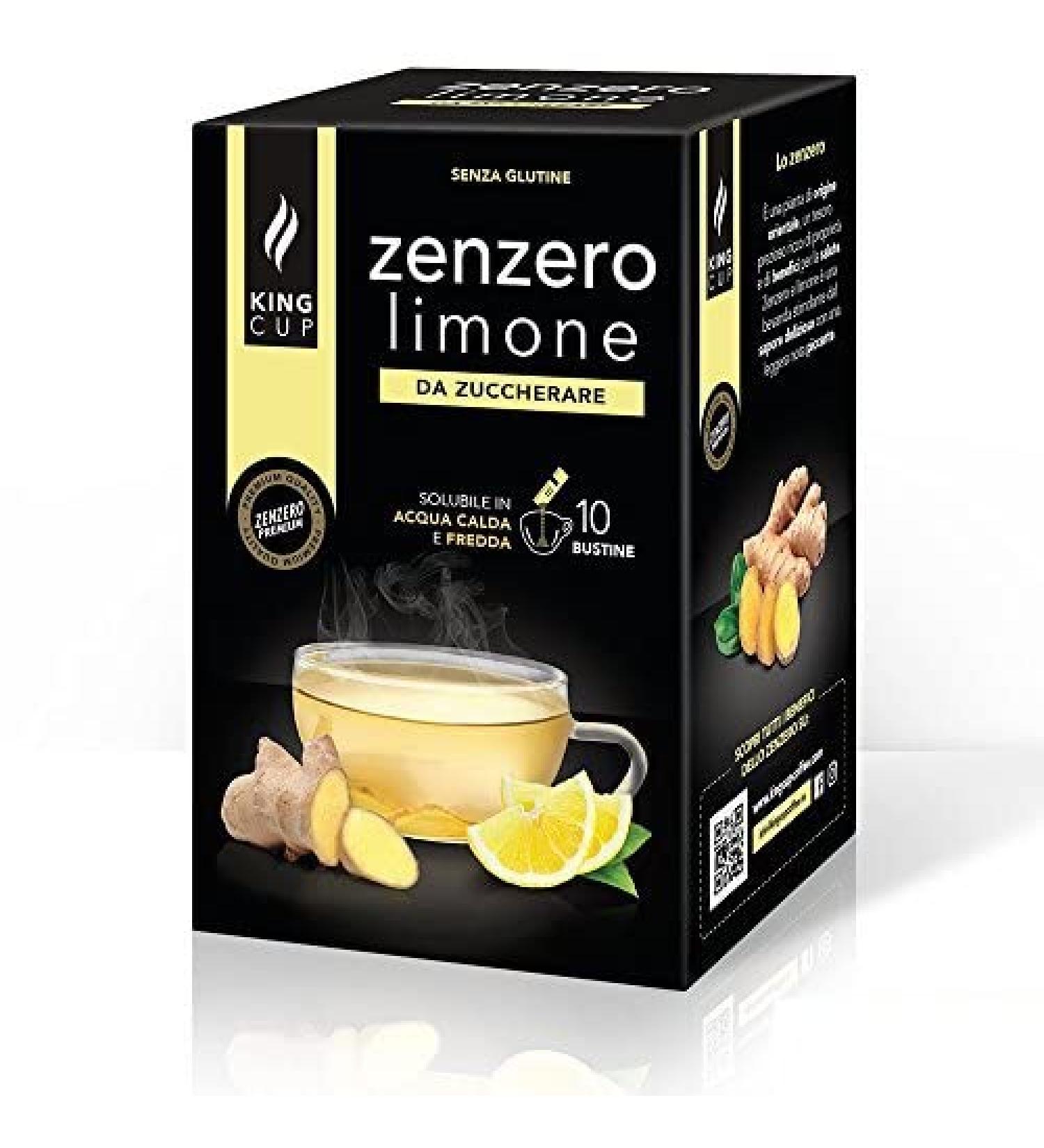 King Cup - 1 Pack of 10 Soluble Sachets of Sugar-Free Ginger and Lemon Drink 10 Sticks of 6 gr Ginger and Lemon Flavor to Add to 60 Ml of Hot Water Gluten Free Lactose Free - Buy Online on GoSupps.com
