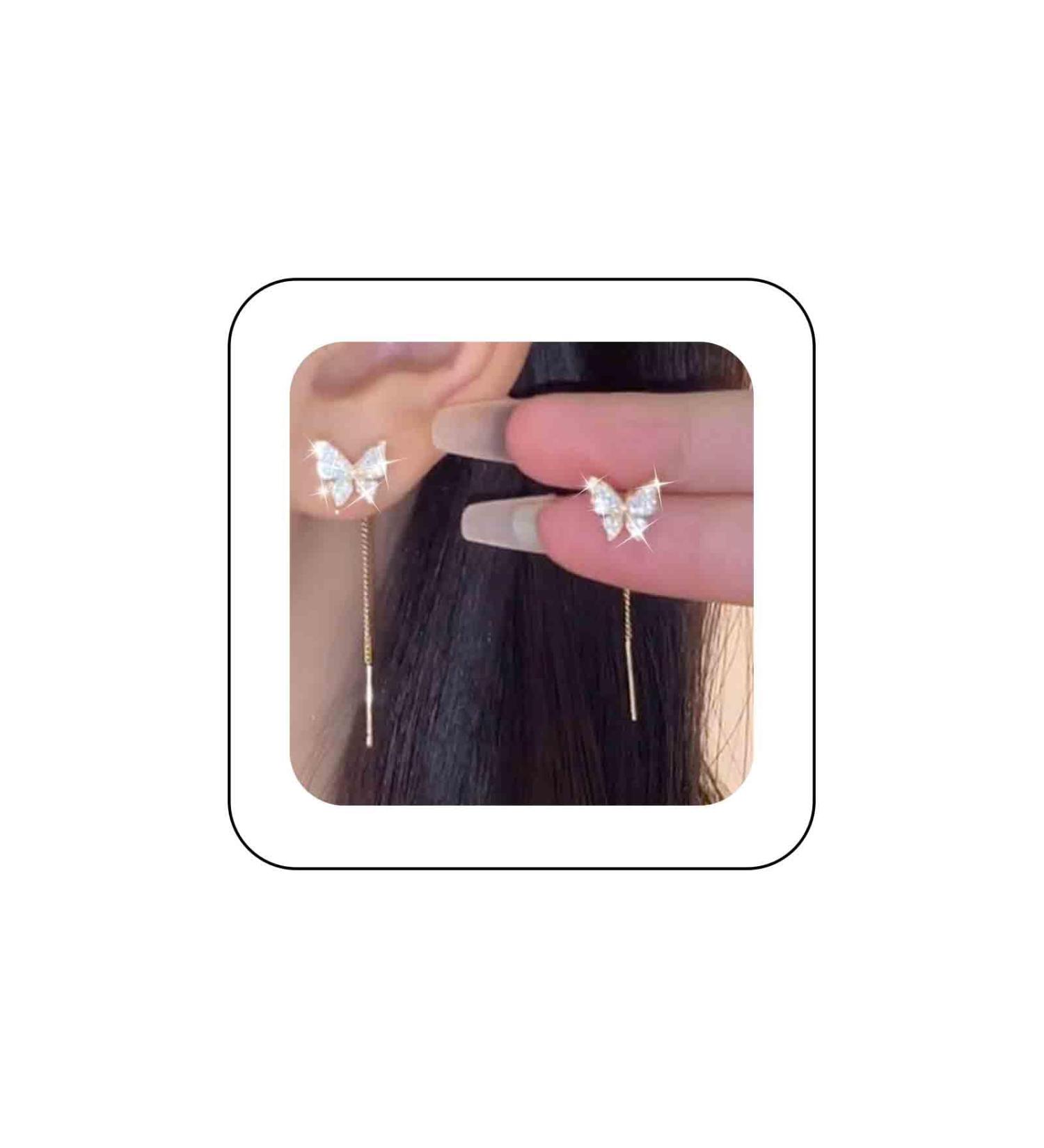 Vintage Crystal Butterfly Chain Earrings | Gold Bar Tassel Threader Jewelry for Women | Elegant CZ Ear Climbers - Buy Online on GoSupps.com