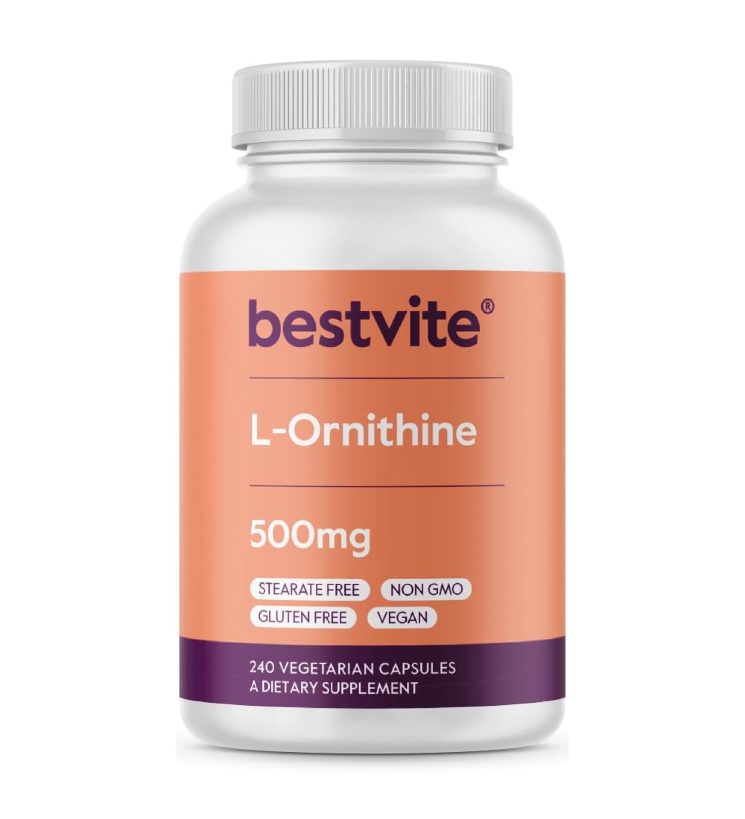 BESTVITE L-Ornithine 500mg (240 Vegetarian Capsules) - No Stearates - No Fillers - Vegan - Non GMO - Gluten Free - Buy Online on GoSupps.com