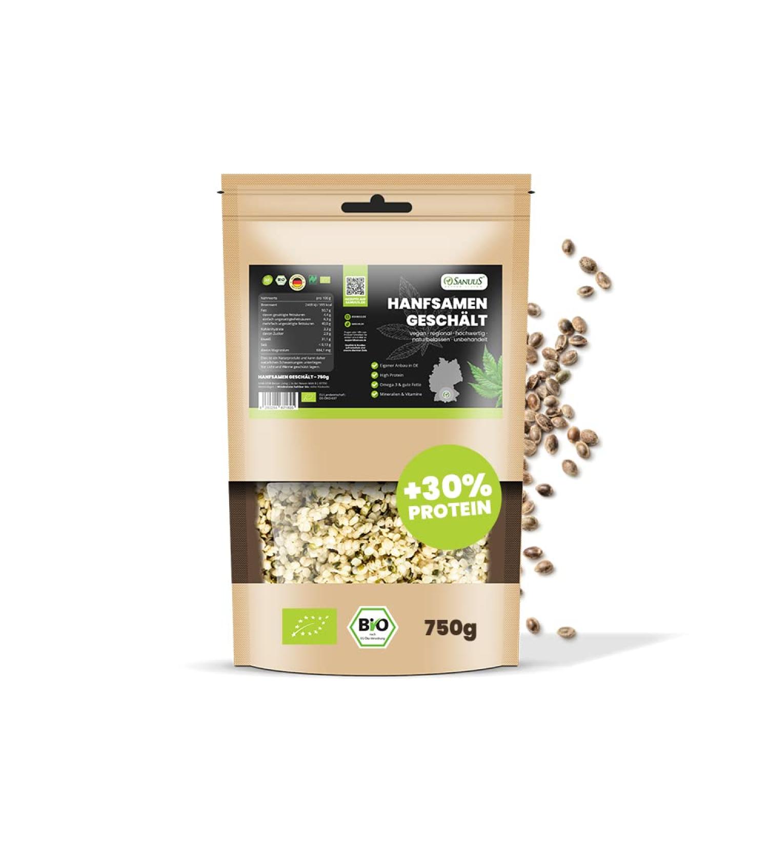Sanuus Bio Hemp Seeds 750g - Natural Vegan Superfood High Protein & Omega-3 Fatty Acids for Protein Shakes Porridge & Pastries - Pure & Additive-Free from Germany - Buy Online on GoSupps.com
