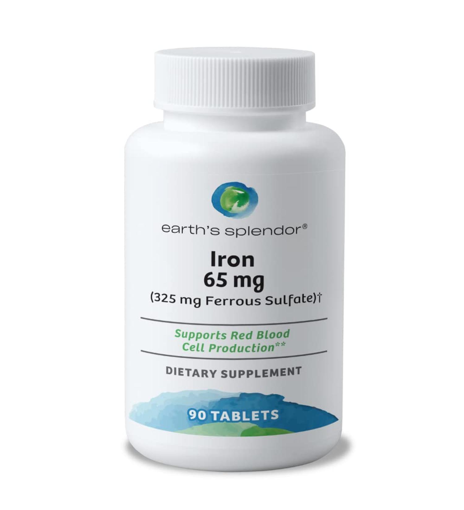 Earth's Splendor Iron 65mg USP 325mg Ferrous Sulfate Tablets - Energy Production Oxygen Transportation Overall Health - 3 Month Supply Iron 65 mg - Buy Online on GoSupps.com